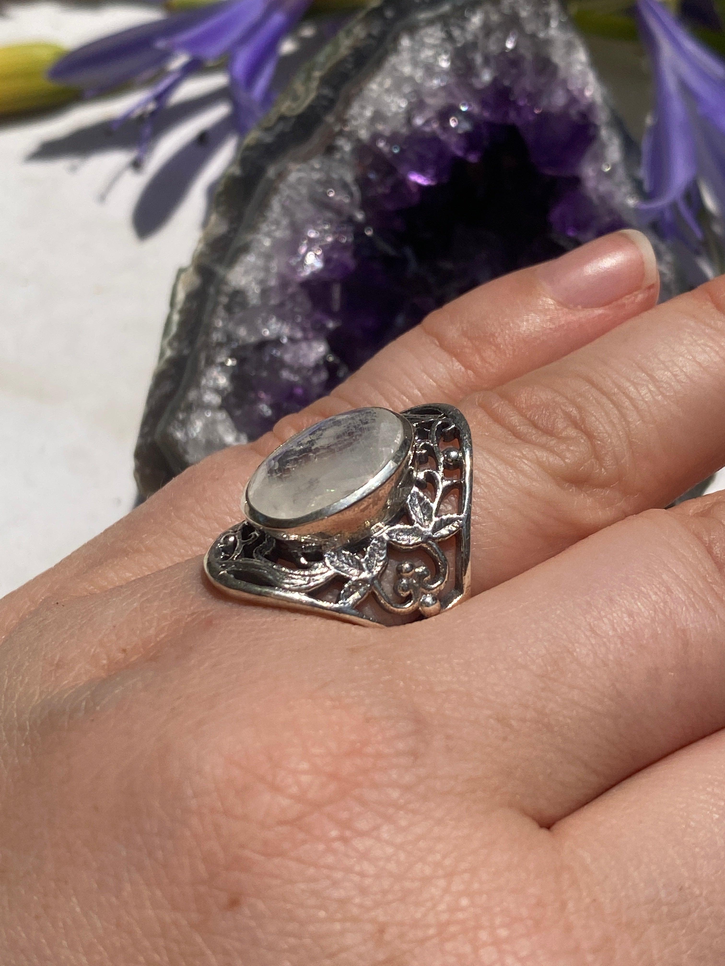 Moonstone Oval Faceted Filigree Band Ring - Size 7.5 - KRGJ536 - Elegant Handmade Jewelry for Women, Perfect for Weddings, Anniversaries & Special Occasions