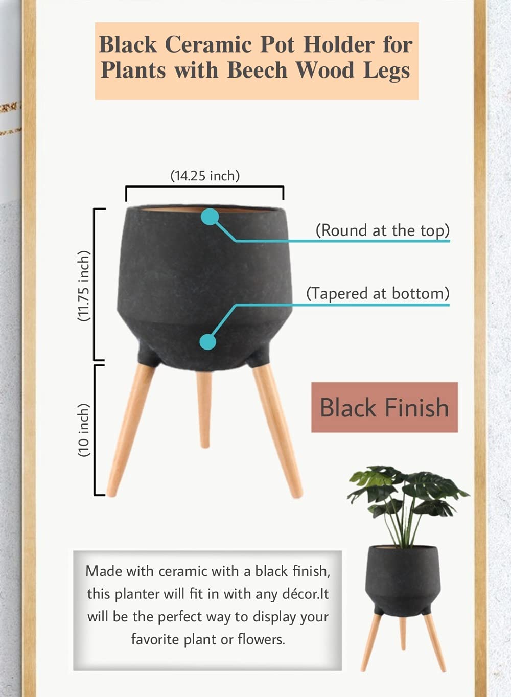 Serene Spaces Black Ceramic Plant Stand with Beech Wood Legs - 21.75