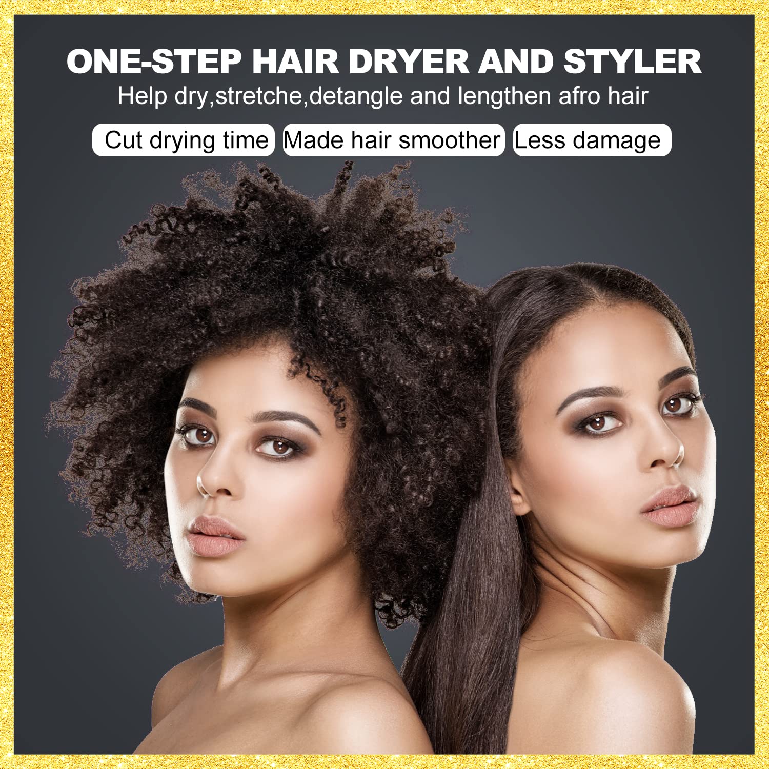 LURA Ionic Blow Dryer Brush for Black Women - 24k Gold Hair Dryer Brush & Styler for Natural Hair | Fast Drying, Frizz Control & Shine Enhancement | Perfect for Salon-Quality Styling at Home