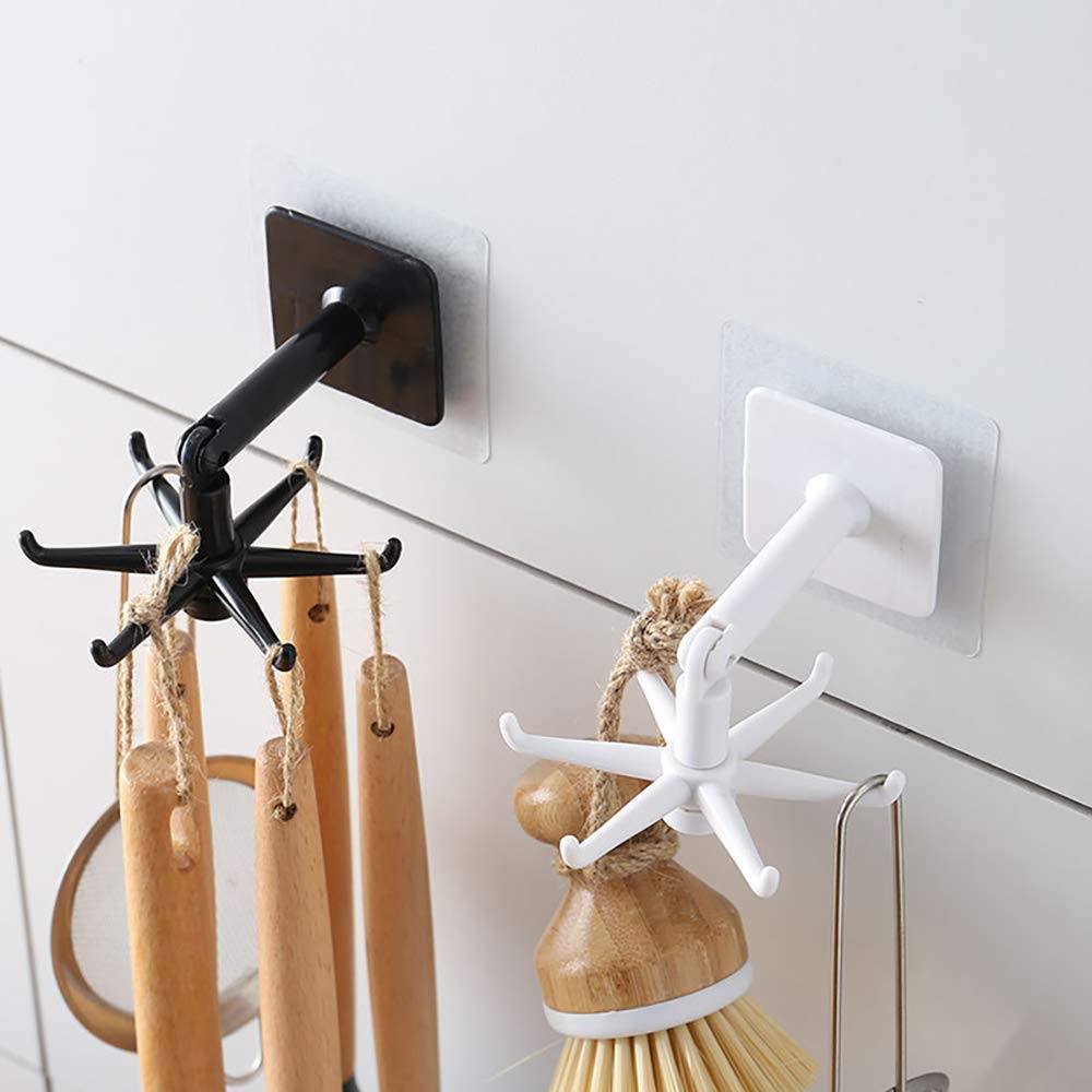 360° Rotatable Under Cabinet Kitchen Utensil Hanger - 2 Pack Space Saving No Drill Wall Mount Organizer with 6 Hooks for Spoons, Ladles & Cooking Tools - Perfect for Small Kitchens, RVs & Apartments (Black)