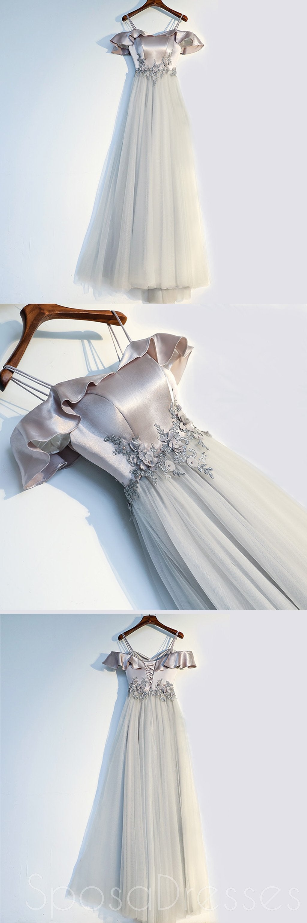 Elegant Off Shoulder Grey Tulle A-Line Prom Dress for Evening Party | Custom Long Formal Gown | Homecoming & Wedding Guest Dress