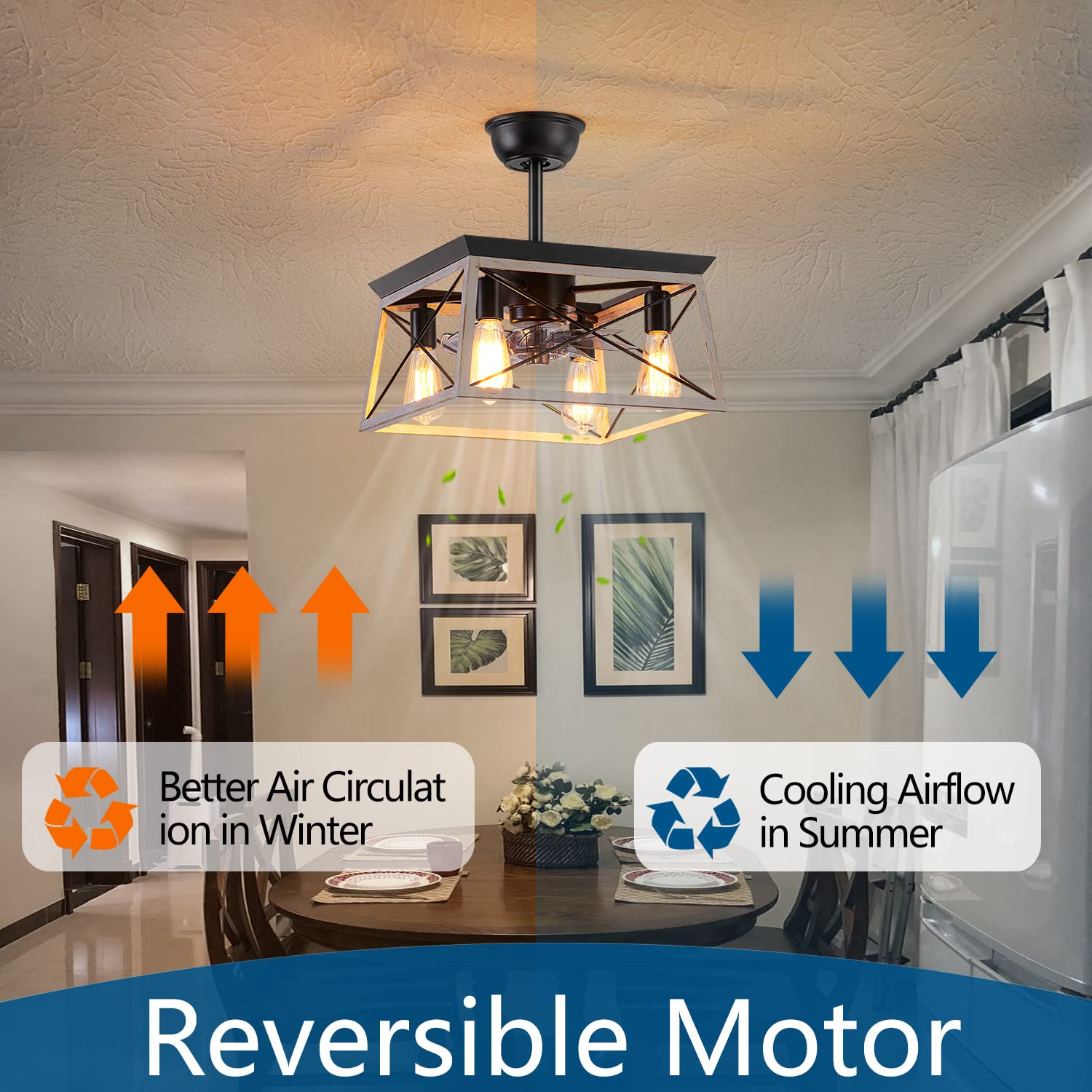 Rustic 4-Light Caged Bladeless Ceiling Fan with Remote - Farmhouse Style Indoor Fan with LED Lights for Living Room, Bedroom & Kitchen - Perfect for Home, Office and Patio Decor