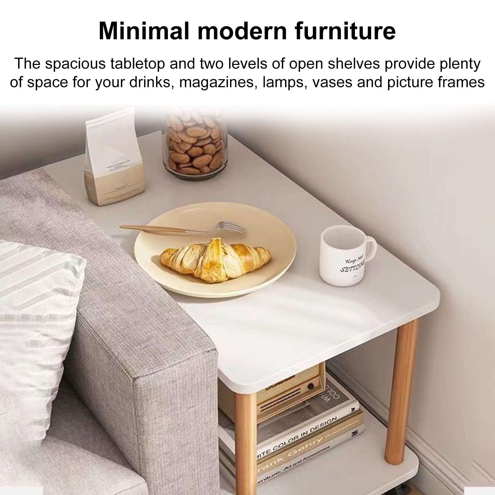 2-Tier Wooden Side Table with Wheels - Mobile End Table, Nightstand, or Coffee Table for Bedroom & Living Room - White Small Space Furniture for Easy Storage & Room Organization