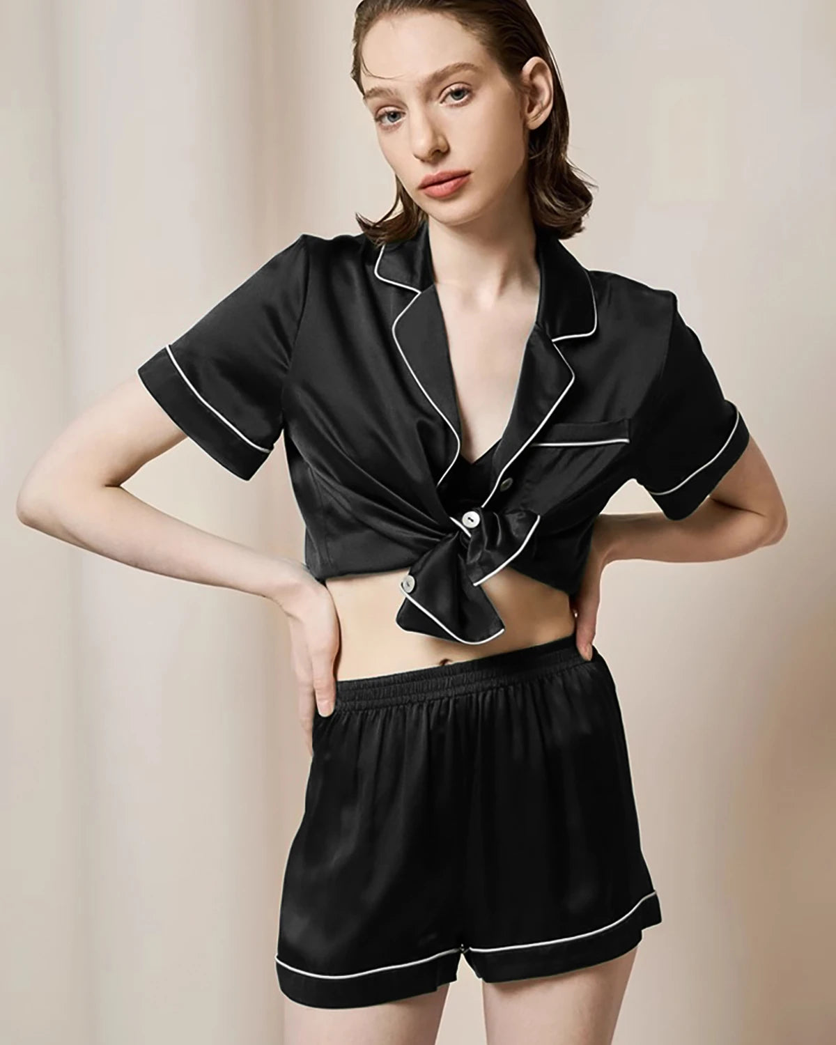 Silk Pajama Set for Women - Washable Short Sleeve Sleepwear - Soft & Breathable Nightwear for Summer, Lounge & Travel