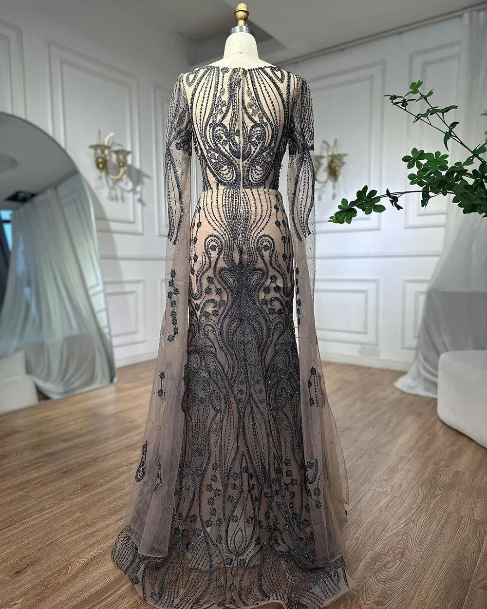 Elegant Brown Arabic Mermaid Evening Dress with Cape Sleeves - 2025 Luxury Beaded Gown for Women - Perfect for Prom, Wedding Guest & Formal Parties