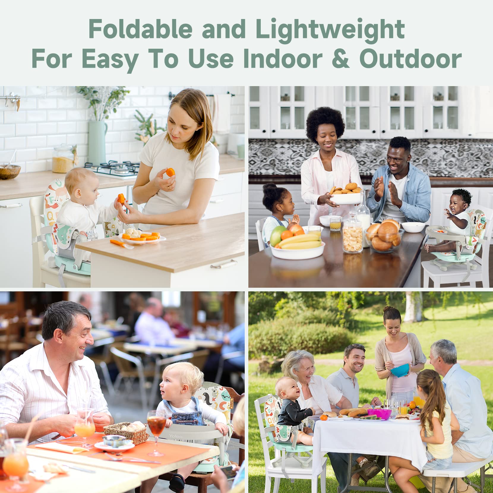 YOLEO Adjustable Baby Booster Seat with Removable Tray - Portable Foldable High Chair for Toddlers & Infants - Easy to Clean Travel Dining Seat for Home, Restaurant & Outdoor Use (Green)