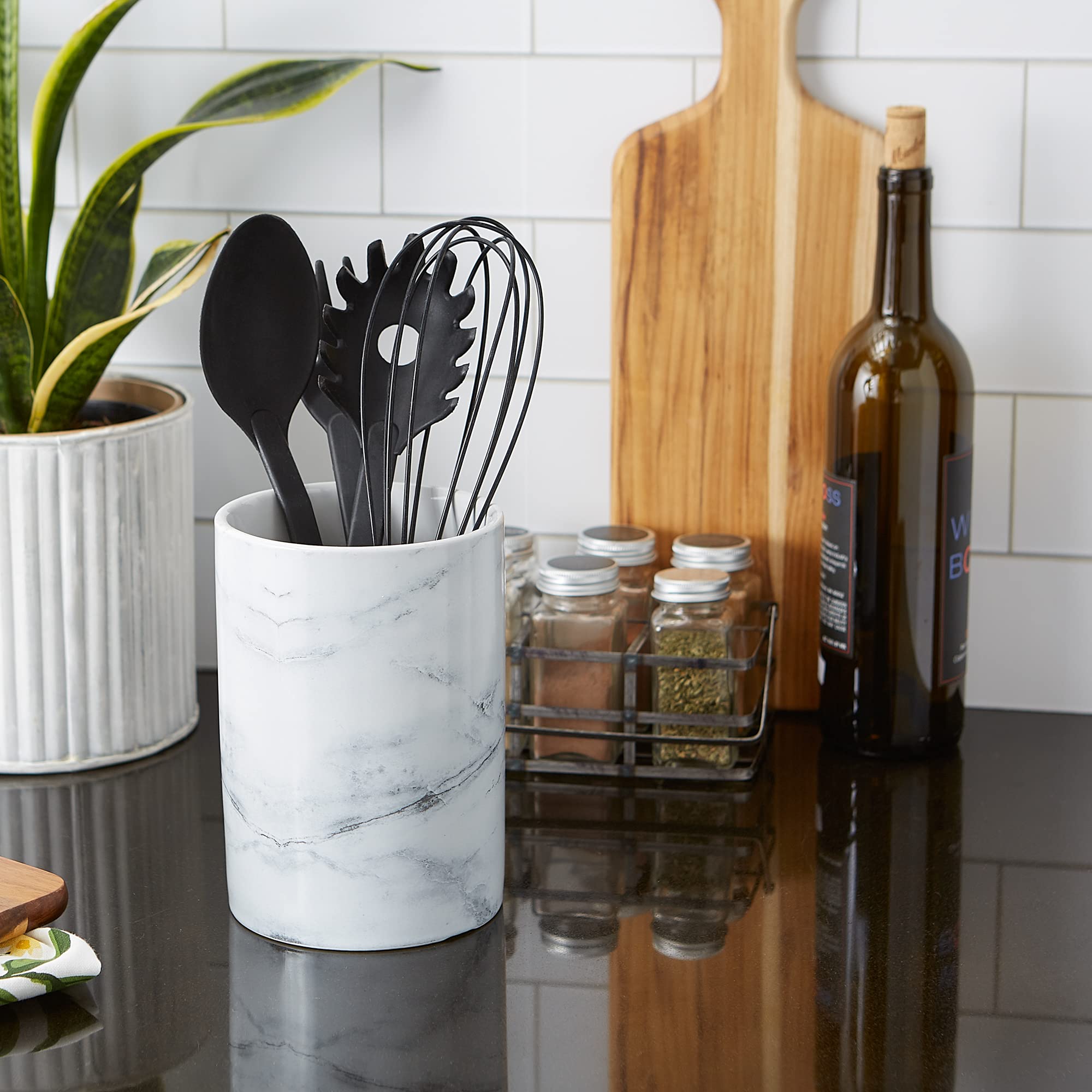 DII Ceramic Utensil Holder - White Marble Kitchen Organizer for Spoons, Forks & Cooking Tools | Perfect for Countertop Storage & Kitchen Decor