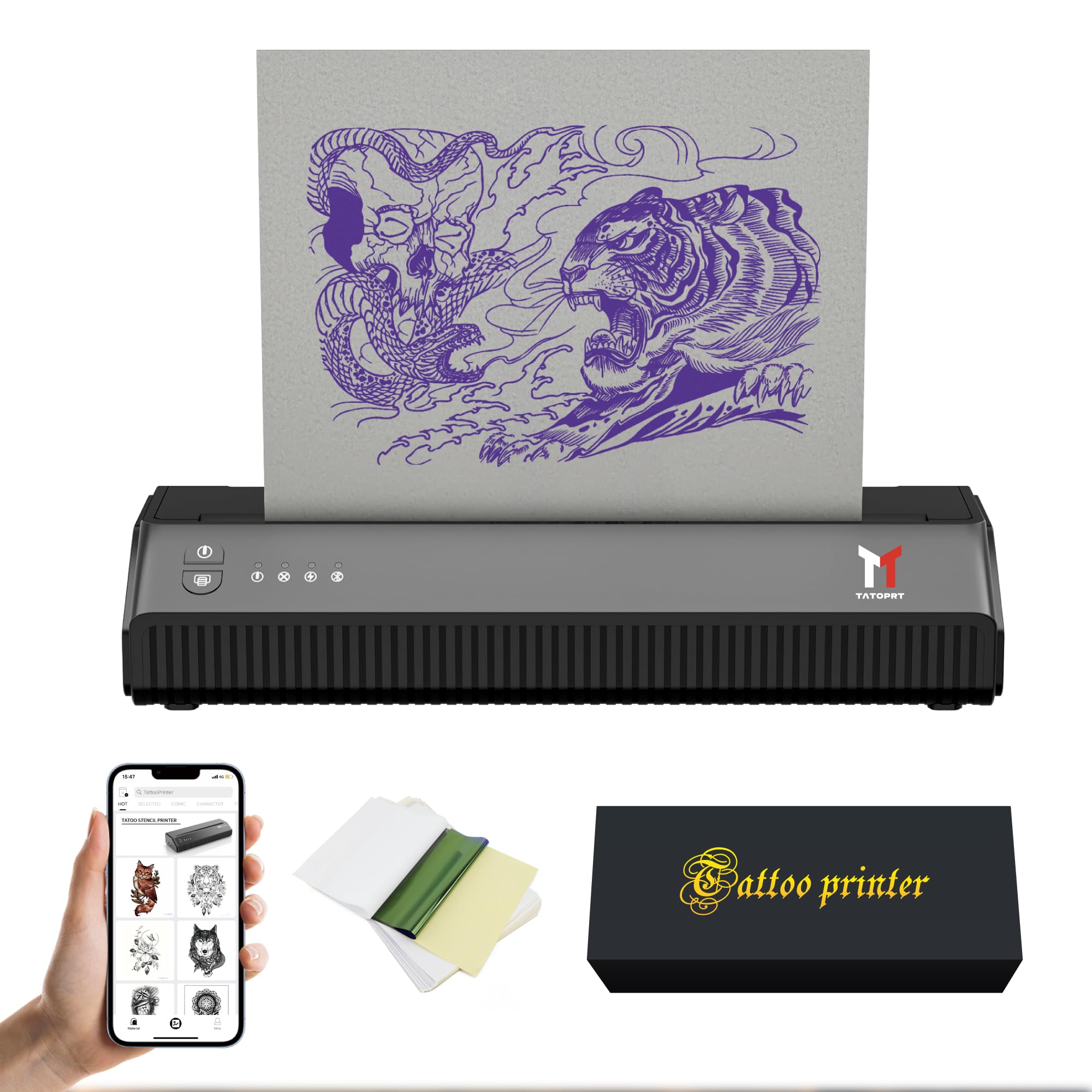 Wireless Bluetooth Tattoo Stencil Printer Machine - Portable Thermal Transfer Copier for Tattoo Artists, 2500mAh Rechargeable with 10pcs Stencil Paper, Compatible with Phone & PC - Perfect for Tattoo Studio, Home Practice and Professional Tattooing