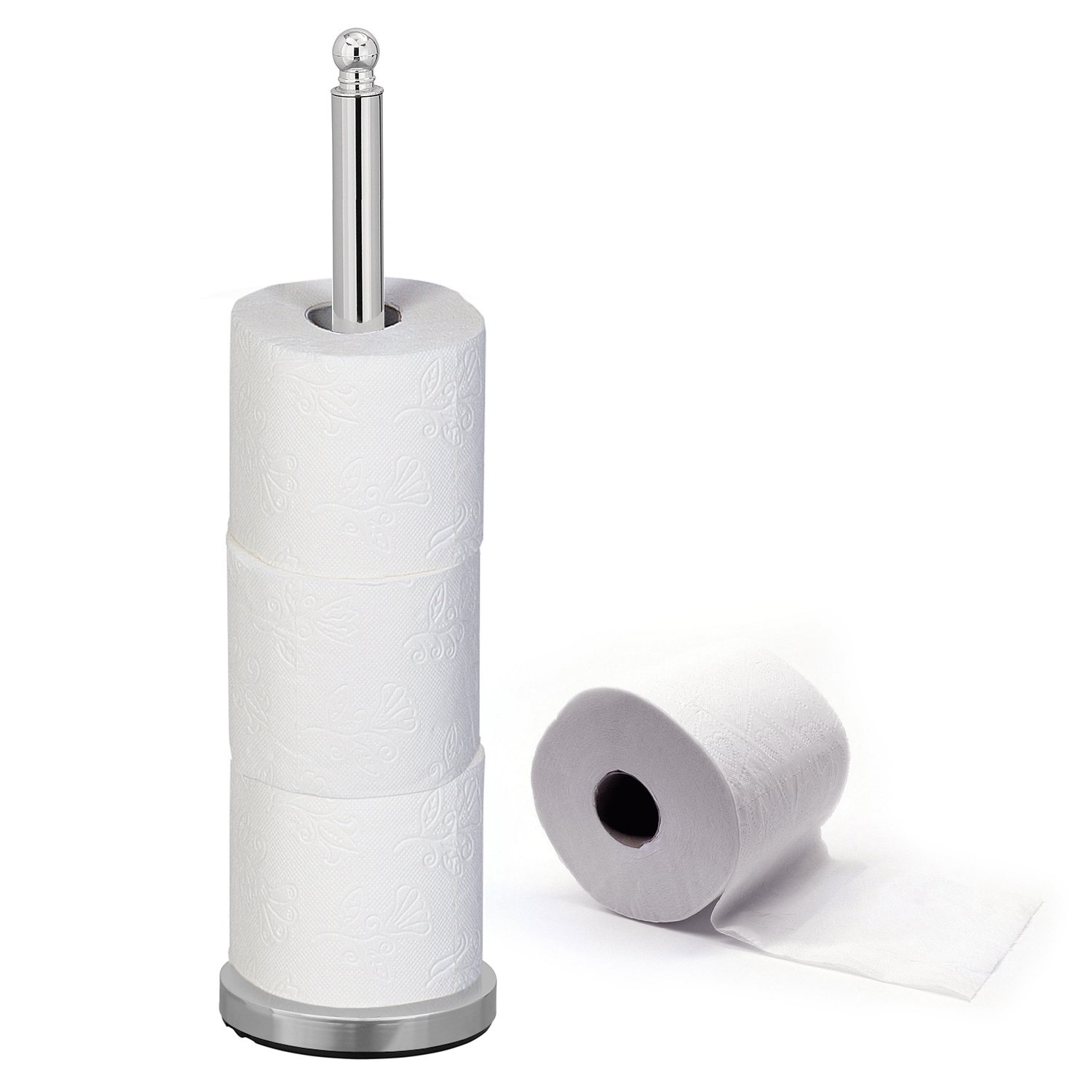 Free Standing Toilet Paper Holder Stand - 20.1 Inch (51cm) Chrome Plated Steel - Holds 4 Rolls - Bathroom Tissue Dispenser for Home, Office, RV & Dorm - Space Saving Design