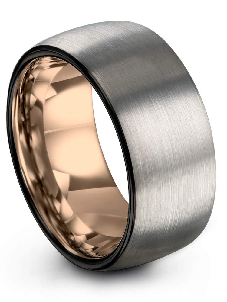 Midnight Rose Collection Tungsten Wedding Band Ring - 10mm Width for Men & Women - 18k Rose Gold Plated Dome Design - Black & Grey Brushed/Polished Finish - Perfect for Anniversaries, Engagements & Everyday Wear