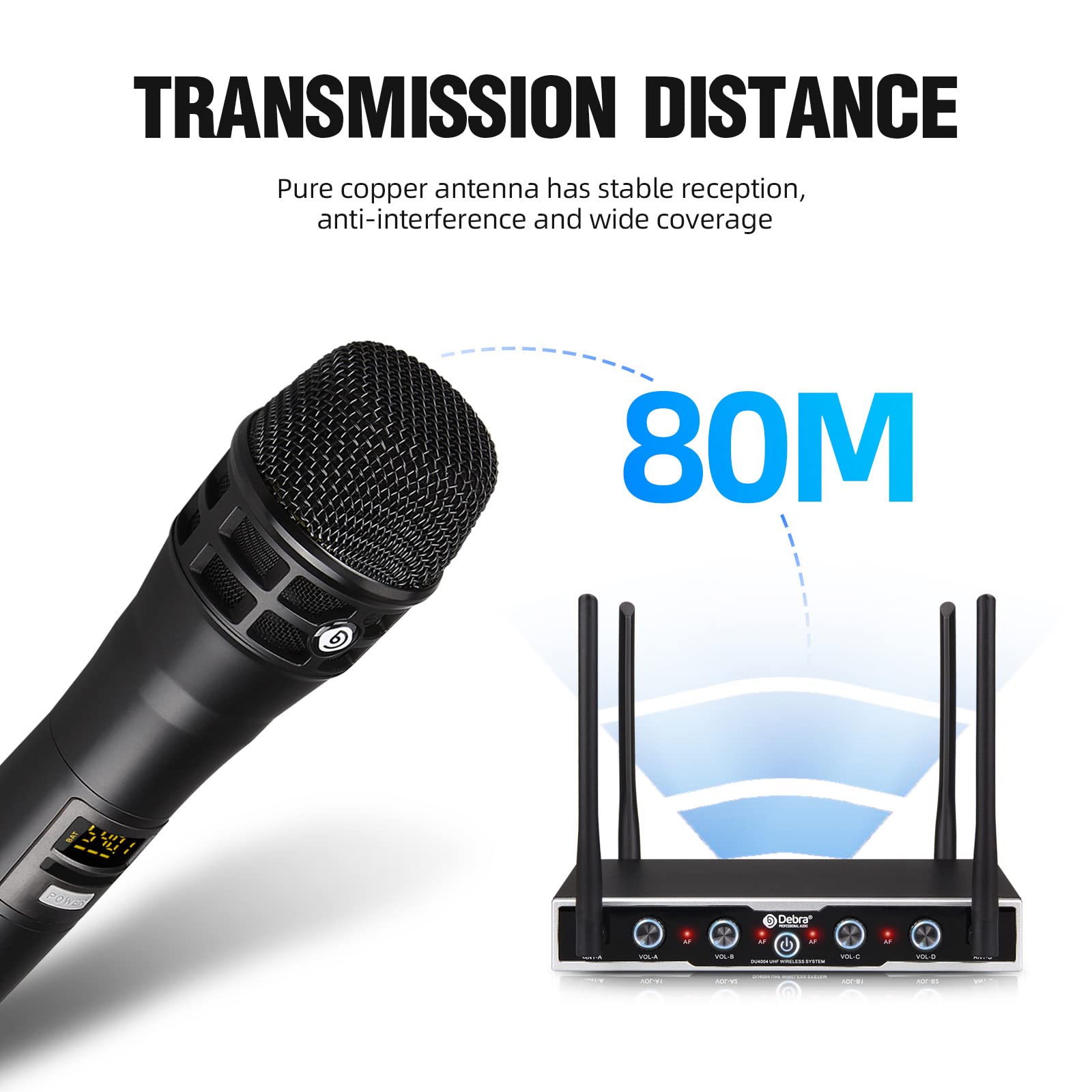 Professional DU4004 UHF Wireless Microphone System - 4 Adjustable Channels with 2 Handheld & 2 Lavalier Mics for Church, Meetings, Speeches & Events | D Debra Audio