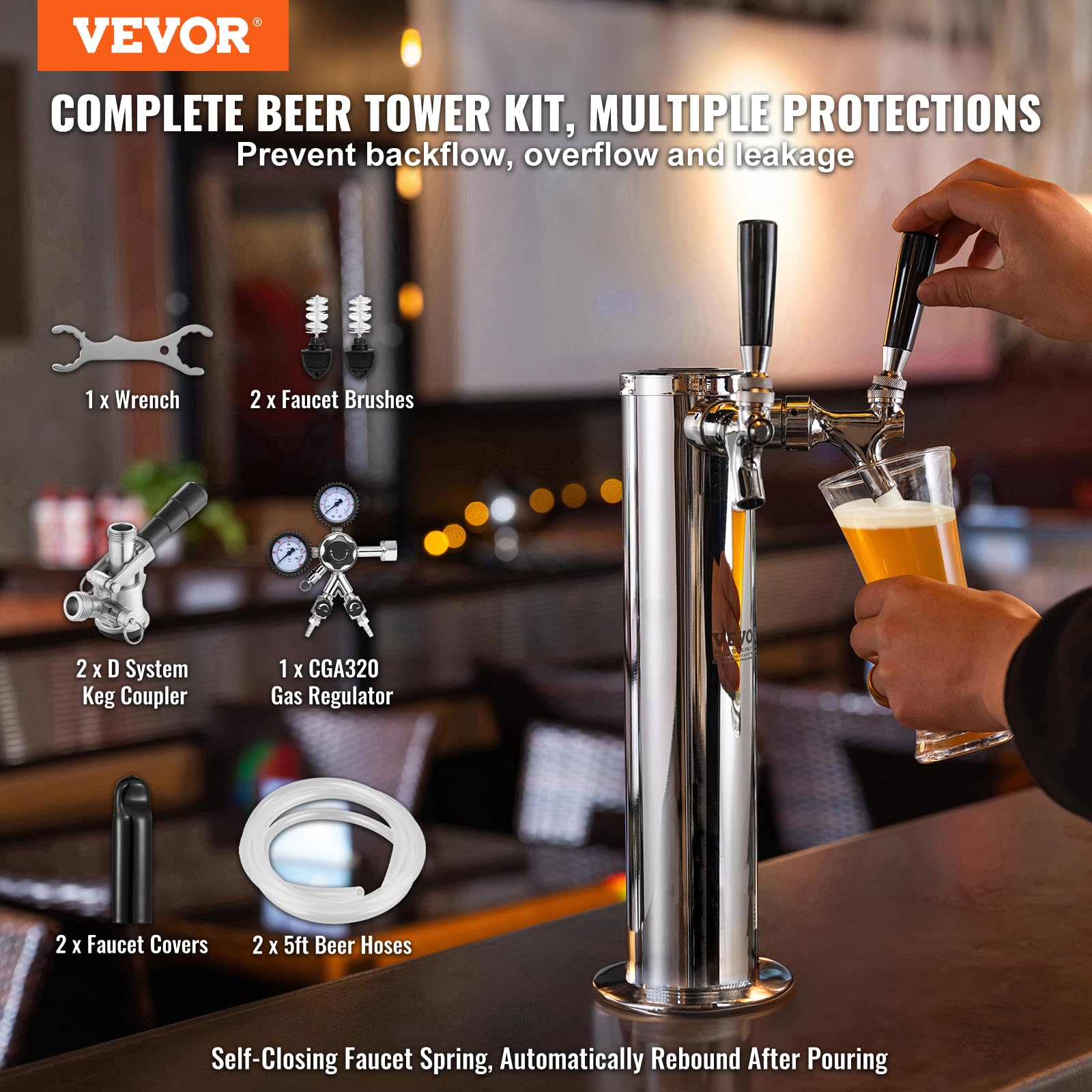 VEVOR Dual Tap Kegerator Tower Kit - Stainless Steel Beer Dispenser with CGA320 Regulator & D-System Coupler for Home Bars, Parties & Commercial Use | Perfect for Draft Beer Serving & Entertaining
