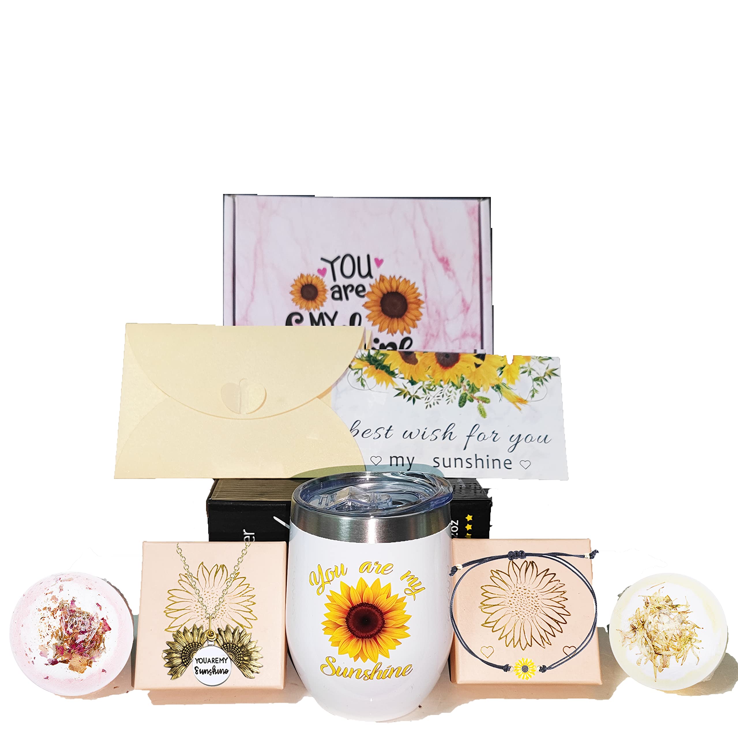 Sunflower Gifts for Women - You Are My Sunshine Necklace, Sunflower Bracelet & Tumbler Set with Bath Bombs - Perfect Birthday Gift for Her - Ideal for Mother's Day, Anniversaries & Self-Care Moments