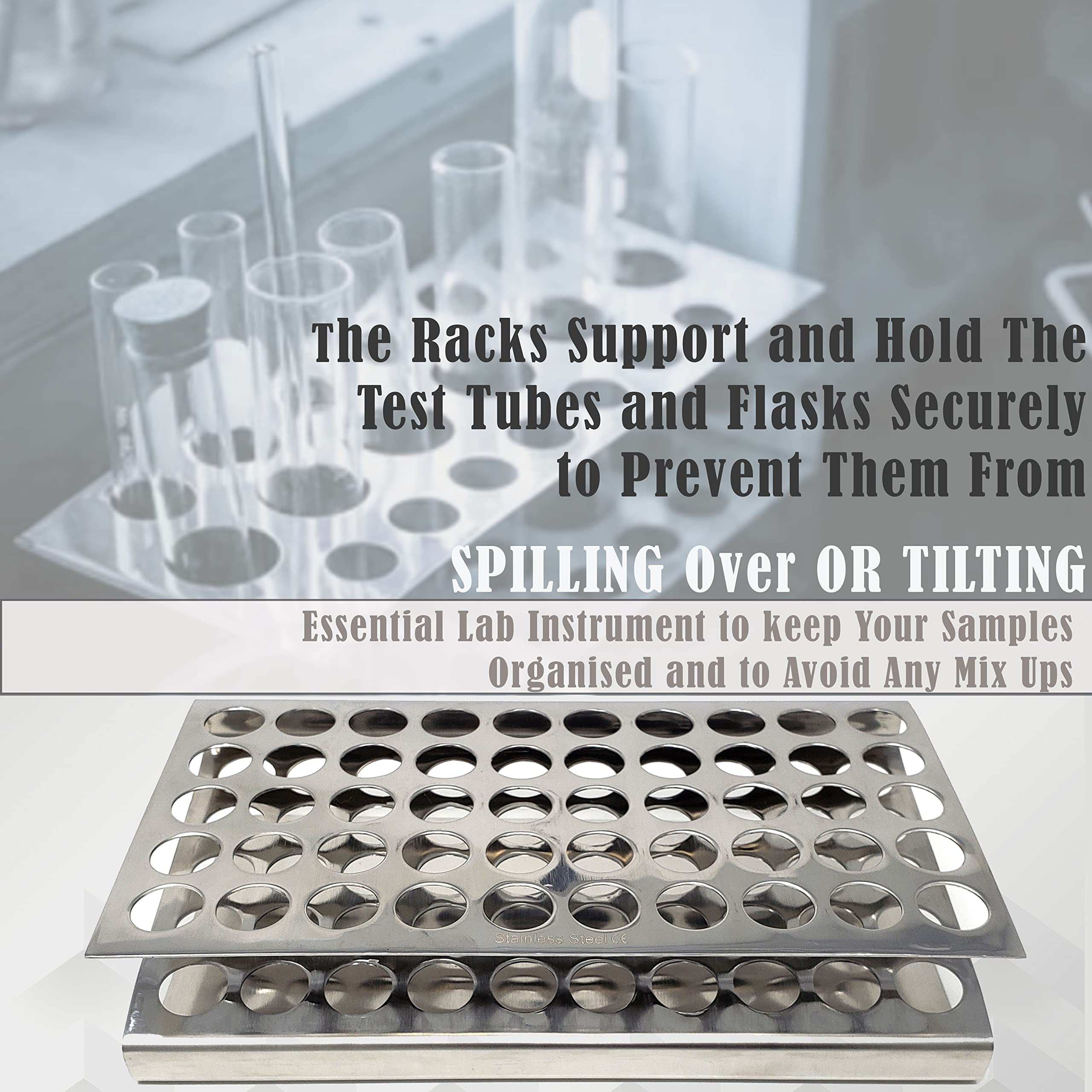 A2Z Stainless Steel Test Tube Rack with 50 Vents - Z-Shaped Pipe Stand for 16mm Tubes | Durable Lab Equipment for School, Laboratory & Hospital Use | Perfect for Chemistry Experiments & Sample Storage