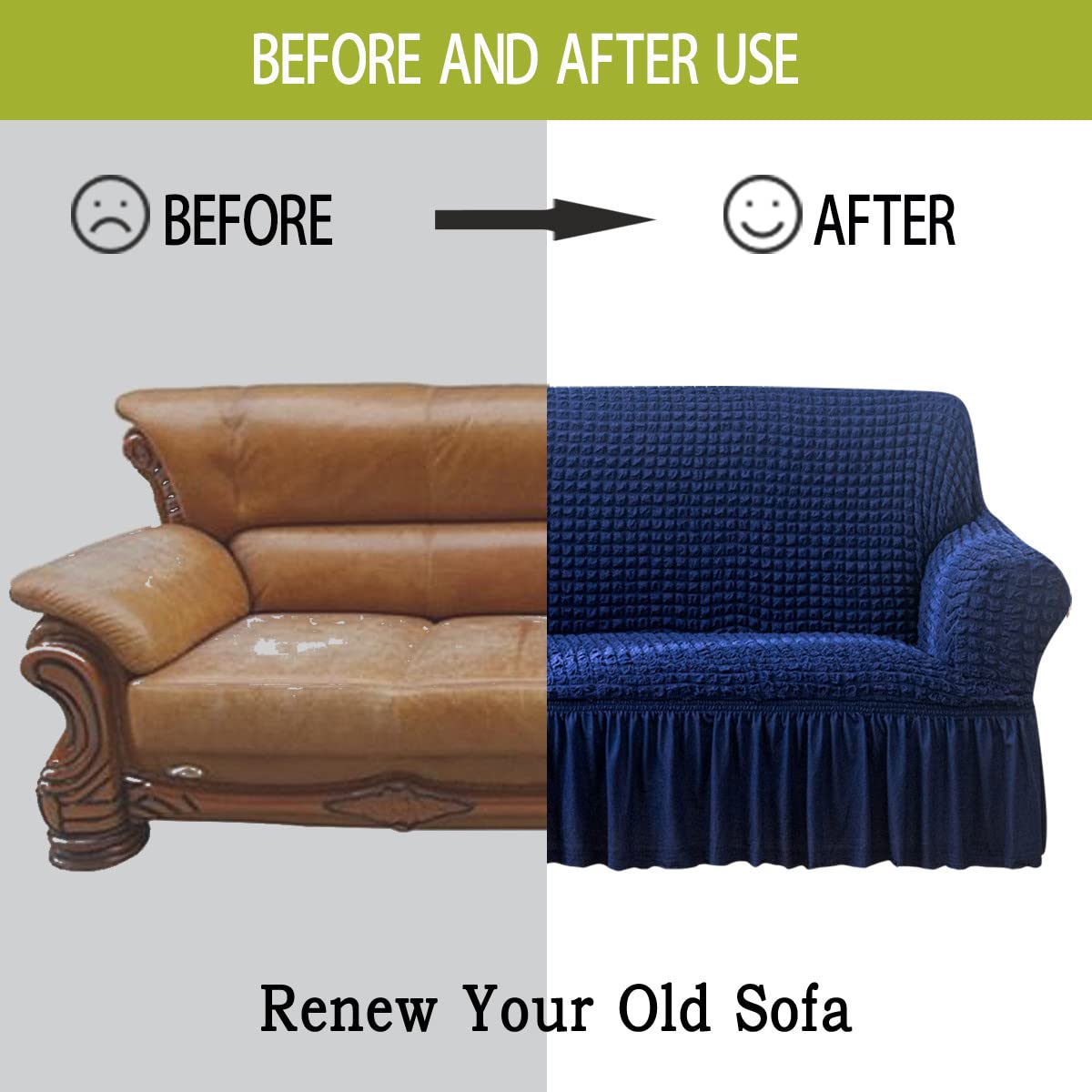 Stretch Sofa Slipcover - Washable Couch Cover with Elastic Bottom & Skirt - Easy Fit Furniture Protector for Sofa Bed (Blue, XL) - Perfect for Living Room, Home Decor & Pet Protection