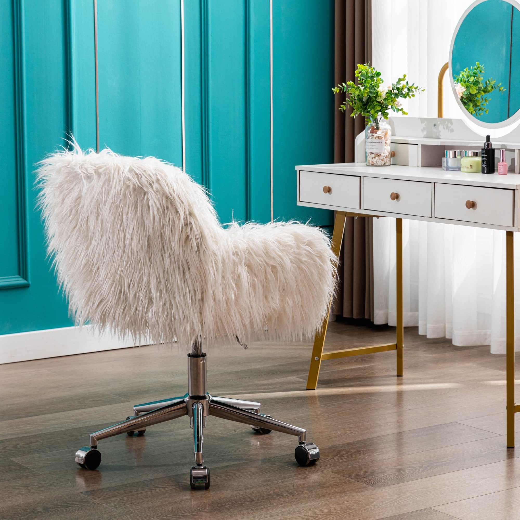 Luxury Faux Fur Vanity Chair with Rolling Wheels & Armrest - Modern Accent Chair for Women, Girls, Home Office, Living Room & Bedroom - Soft Furry Makeup Desk Chair in White (Perfect for Dressing Tables, Home Offices & Cozy Reading Nooks)