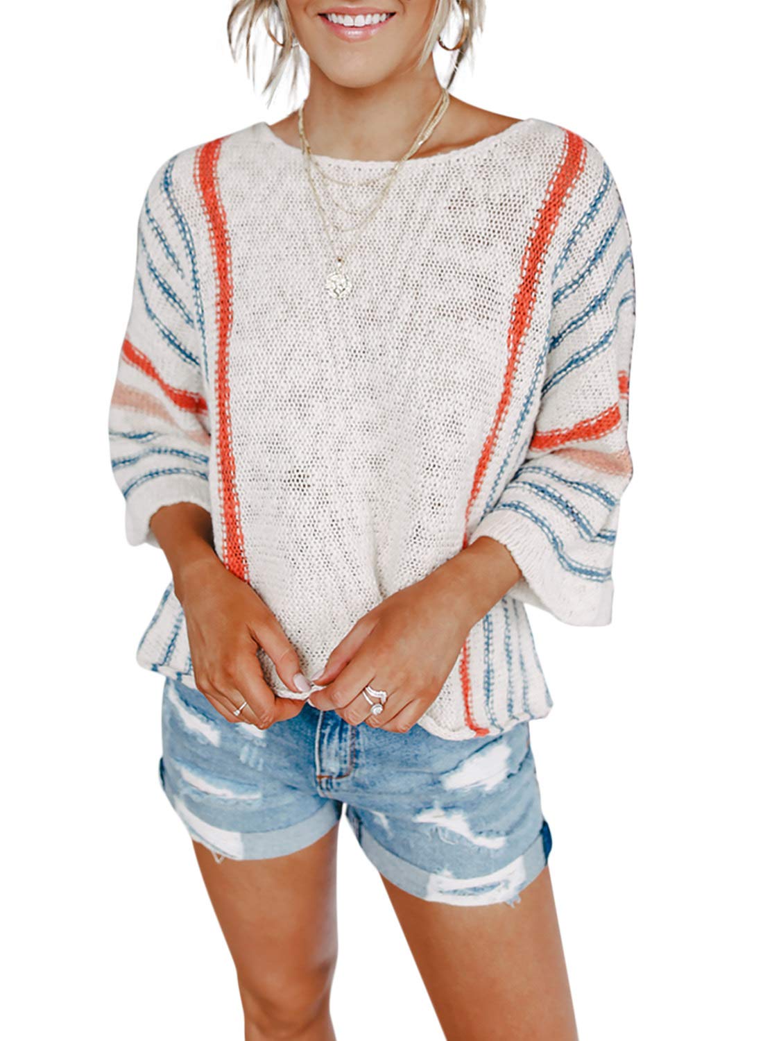 Dokotoo Women's 2023 Color Block Striped Cable Knit Sweater - Lightweight Comfy Pullover for Summer & Fall - Perfect for Beach Outings, Casual Wear & Cozy Layering