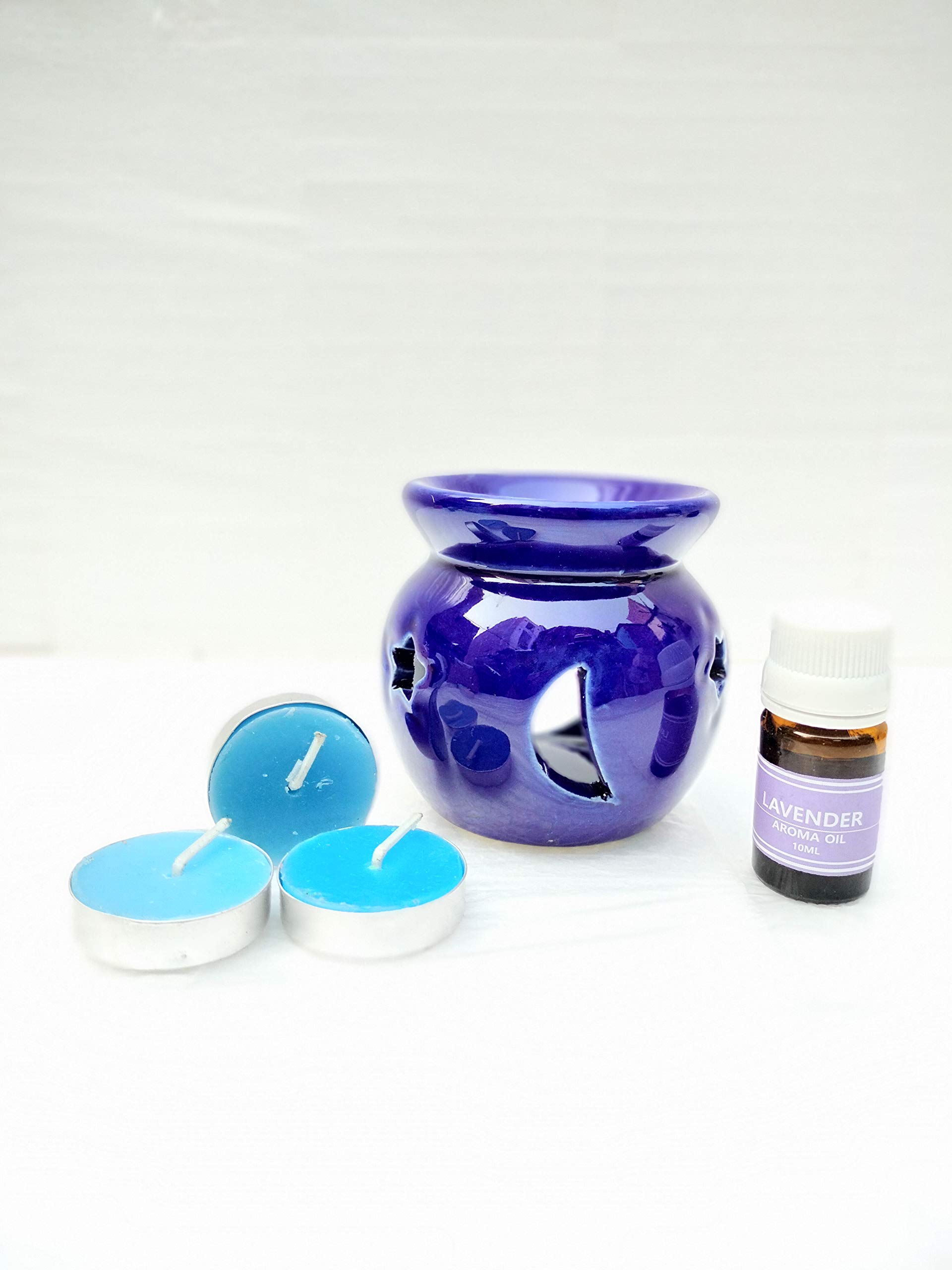 Bharti Ceramic Aroma Oil Diffuser with Lavender Fragrance & 3 Candles - Home Decor Essential Oil Warmer for Relaxation, Yoga & Spa - Perfect Gift Set for Aromatherapy Lovers