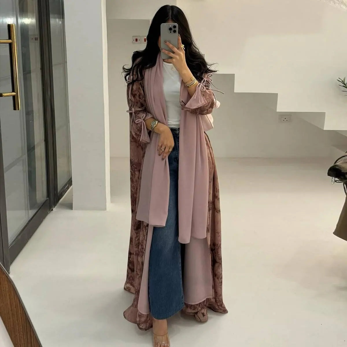 Elegant Printed Chiffon Hijab Cardigan Open Abaya Dress #25181 - Perfect for Modest Fashion, Prayer, and Special Occasions