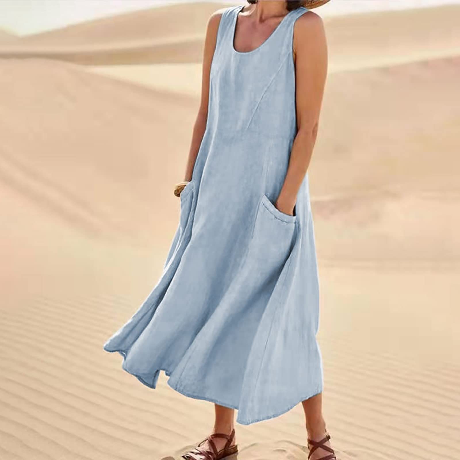 Women's Summer Sleeveless Cotton Linen Dress - Casual Solid Color Pocket Dress with Neutral Tones | Perfect for Beach Vacations, Brunch Dates & Summer Outings
