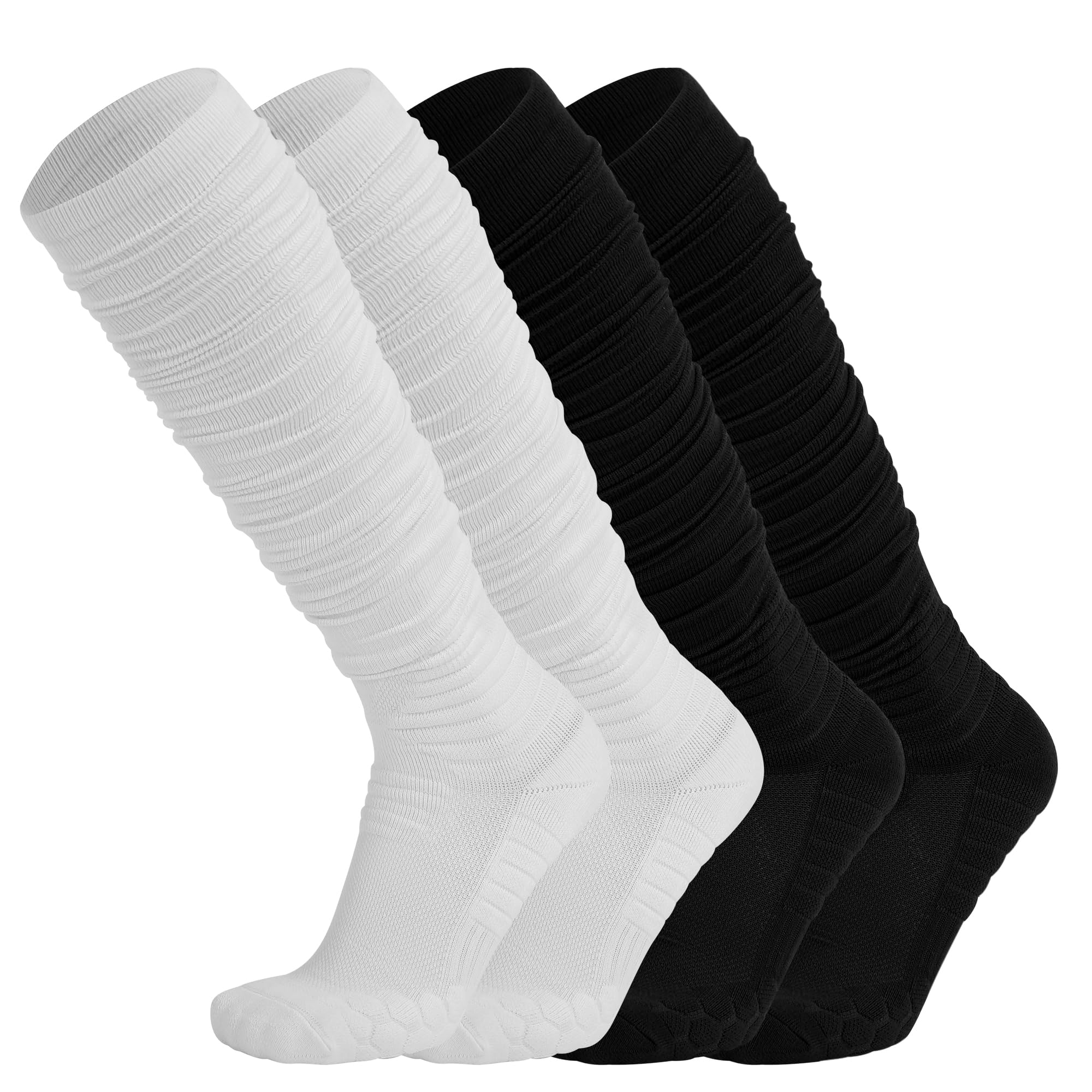 Hotfiary Extra Long Padded Soccer Socks for Men & Youth - 2 Pairs Football Baseball Athletic Team Sports Scrunch Socks - Perfect for Training, Games & Everyday Wear