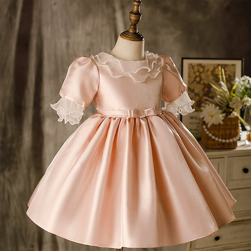 Pink Princess Round Tea Length Satin Flower Girl Dress - Perfect for Weddings, Birthday Parties & Special Occasions