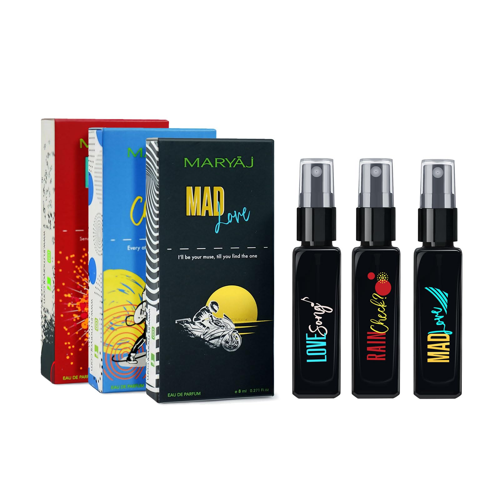 Maryaj Love Song, Rain Check & Mad Love EDP Perfume Gift Set for Men & Women - 3 Pack (8ML Each) - Long Lasting Fragrance Spray - Perfect for Valentine's Day, Anniversary & Birthday Gifts
