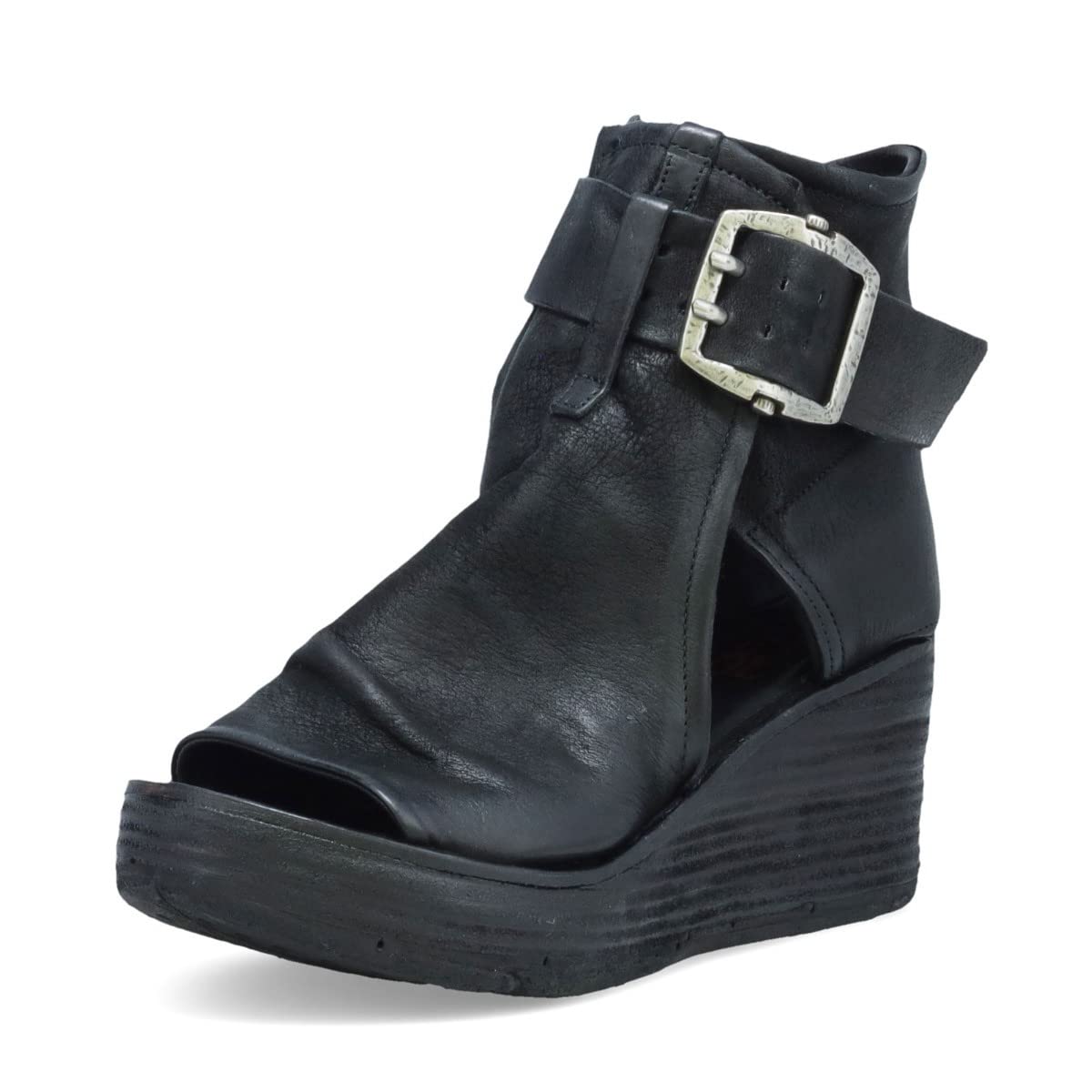 A.S.98 Women's Leather Wedge Sandals with Side Buckle - Comfortable Peep Toe Summer Sandals for Casual Outings, Beach, and Date Nights