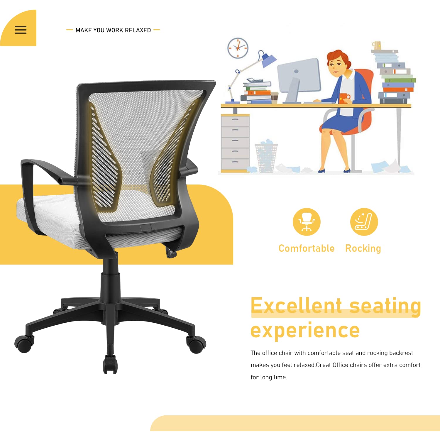 Ergonomic Mesh Office Chair with Lumbar Support - Mid Back Swivel Rolling Computer Desk Chair for Home & Office, Adjustable Armrests (White) - Perfect for Long Work Hours, Gaming & Remote Work
