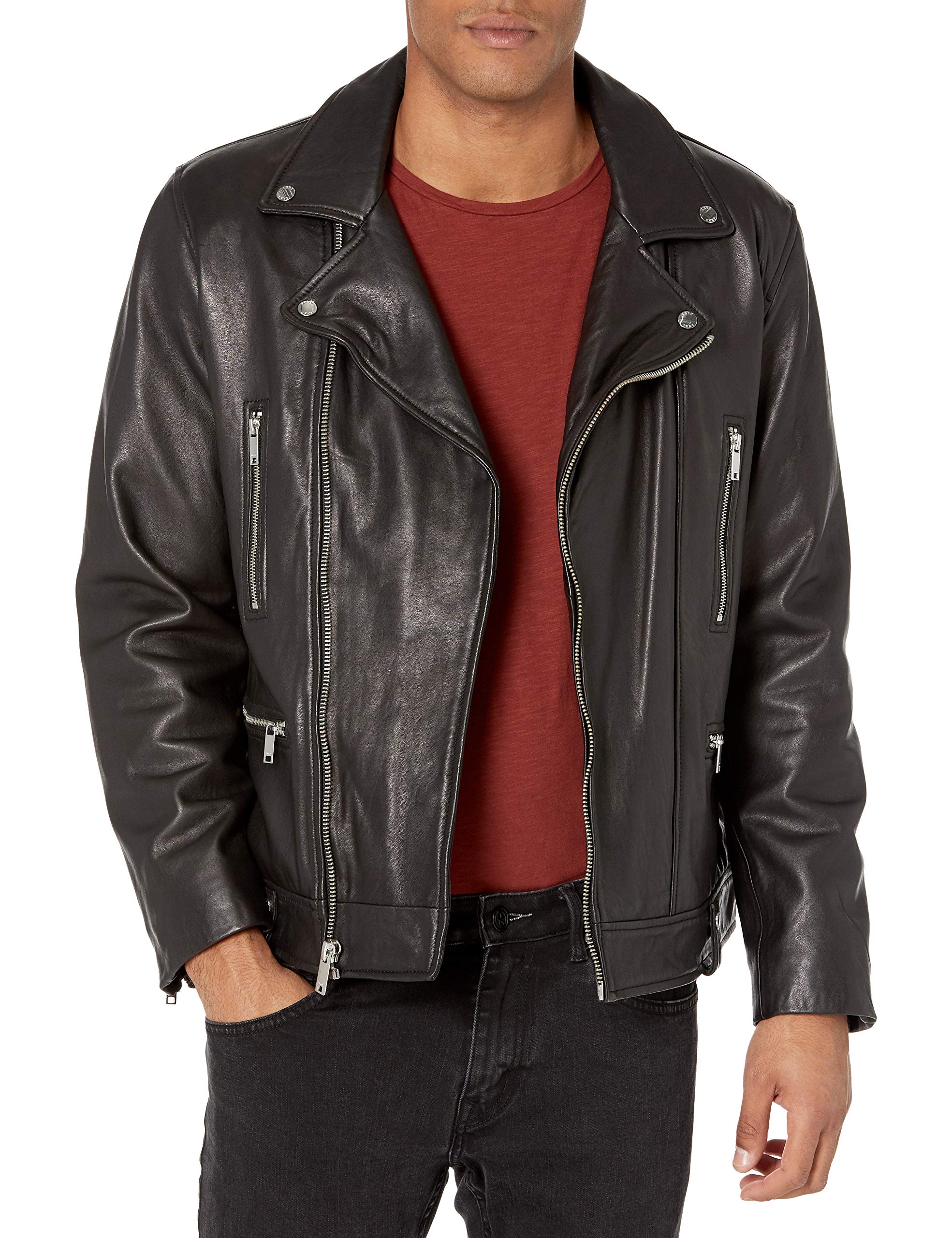 DKNY Men's Asymmetrical Leather Moto Jacket - Stylish Biker Jacket for Men | Perfect for Motorcycle Riding, Night Out & Casual Wear