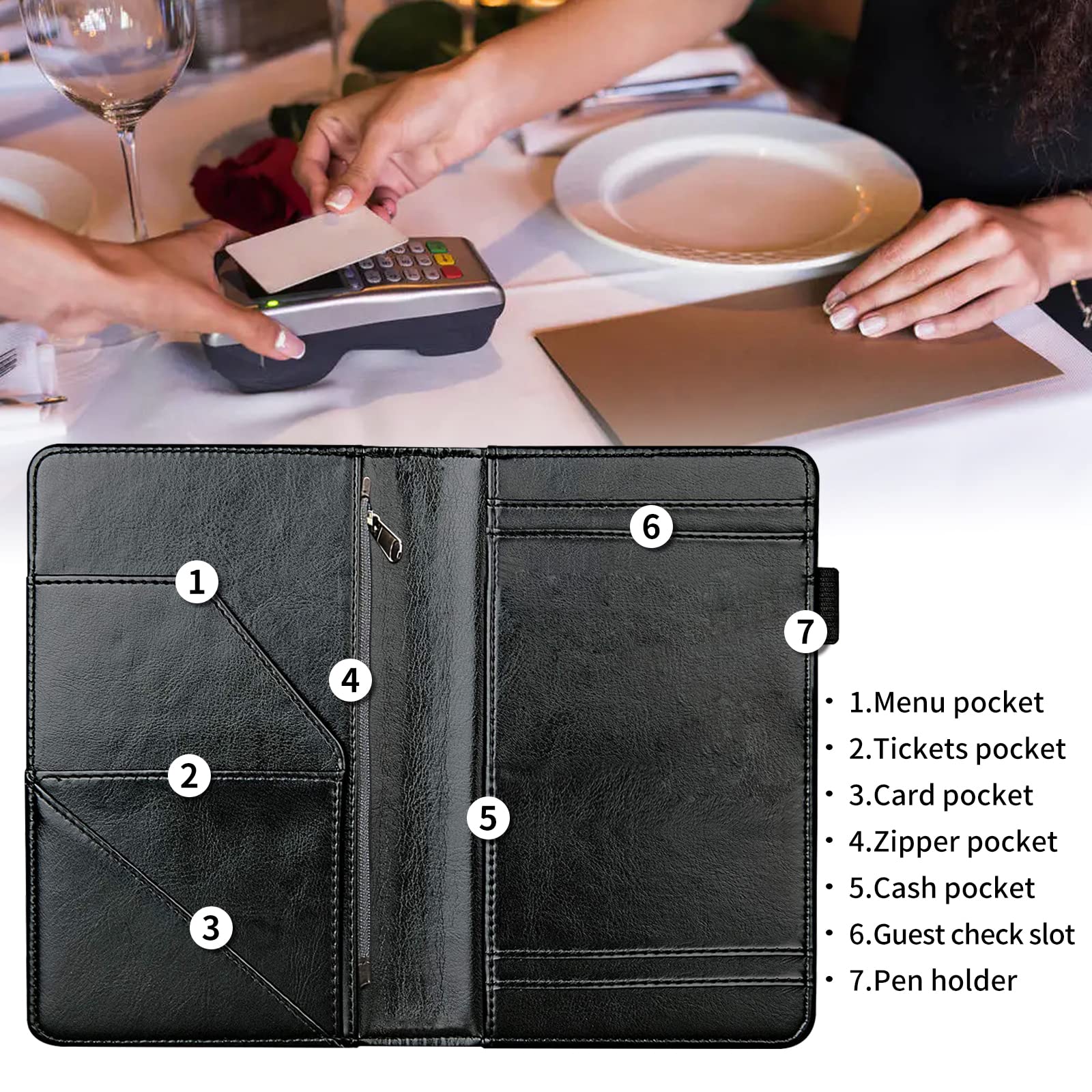 Premium PU Leather Server Book Organizer for Waitresses - Waiter Notebook with Pen Holder & Card Slots - Ideal for Restaurant, Cafe, and Hospitality Service Use