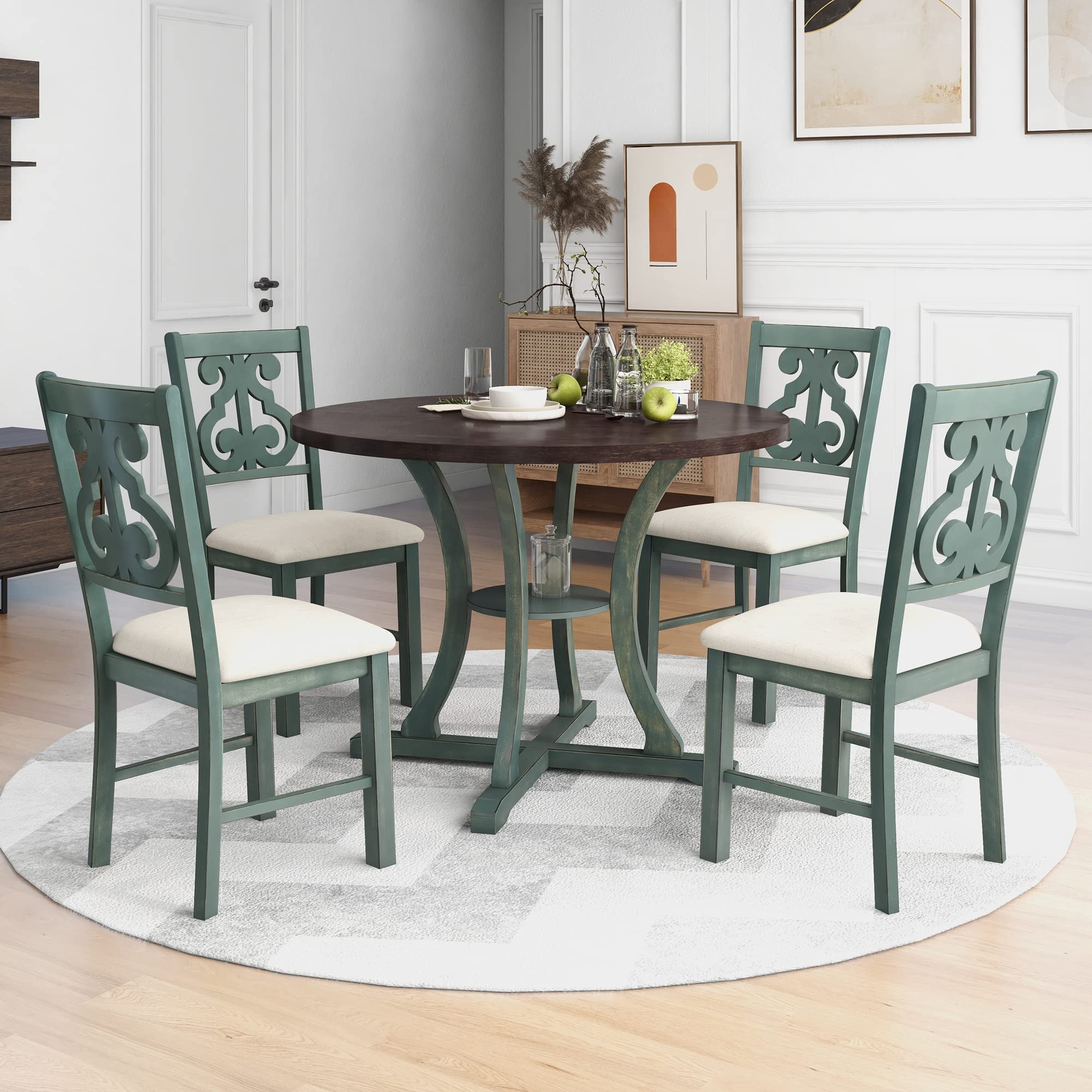 5-Piece Round Farmhouse Dining Table Set for 4 with Storage Shelf - Wooden Kitchen Table & Chairs for Small Space, Breakfast Nook, and Cozy Family Meals
