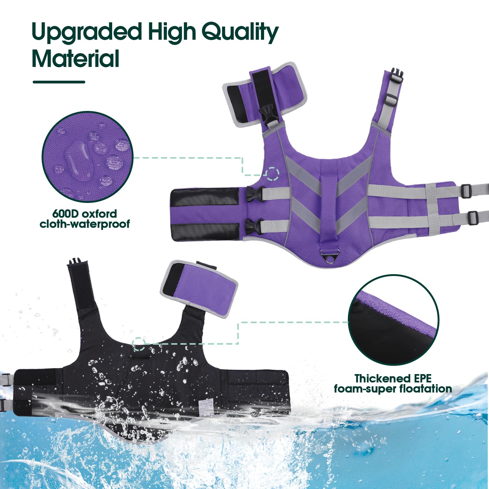 Kuoser Dog Life Jacket with Reflective Stripes & Adjustable Straps - High Visibility Ripstop Pet Life Vest for Small, Medium & Large Dogs - Perfect for Swimming, Boating & Water Safety
