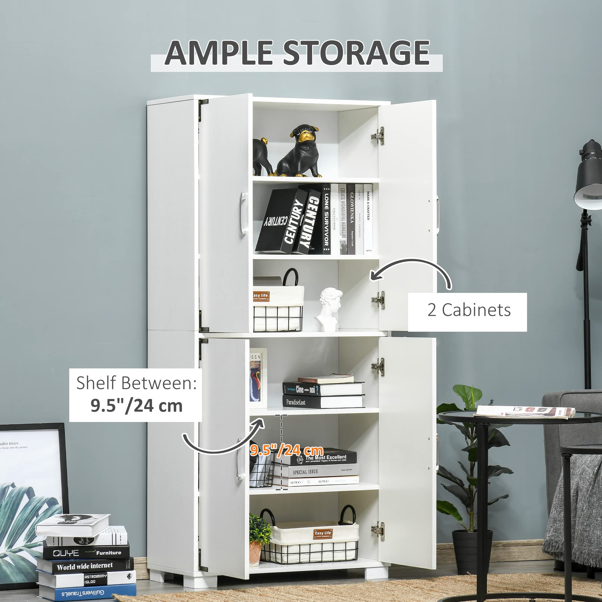 HOMCOM 4-Door Industrial Kitchen Pantry Cabinet with Adjustable Shelves, Freestanding Storage Organizer for Pantry, Laundry Room, Garage - White