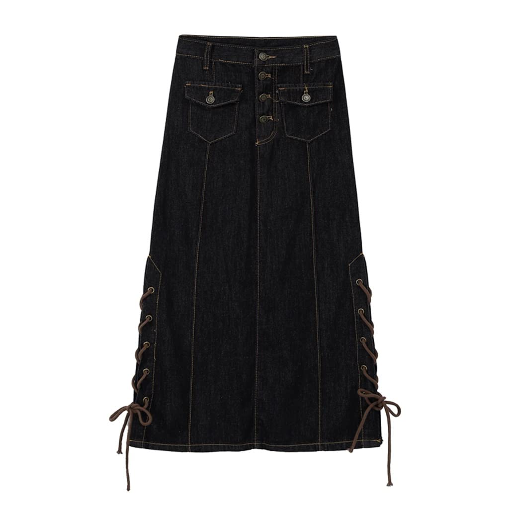 Women's Black High Waist Vintage Denim Skirt - Single Breasted A-Line Long Jeans Skirt with Pockets for Autumn Casual Wear | Perfect for Office, Dating & Weekend Outfits (Color: Black, Size: L)