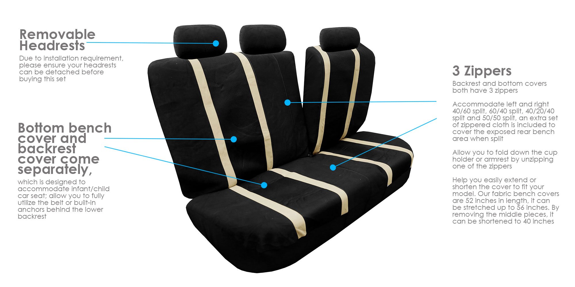 TLH Universal Car Seat Covers Full Set - Beige Sports Style Airbag Compatible Split Rear Seat Protector for Cars, Trucks & SUVs | Durable Interior Accessories for Daily Commute, Road Trips & Family Protection