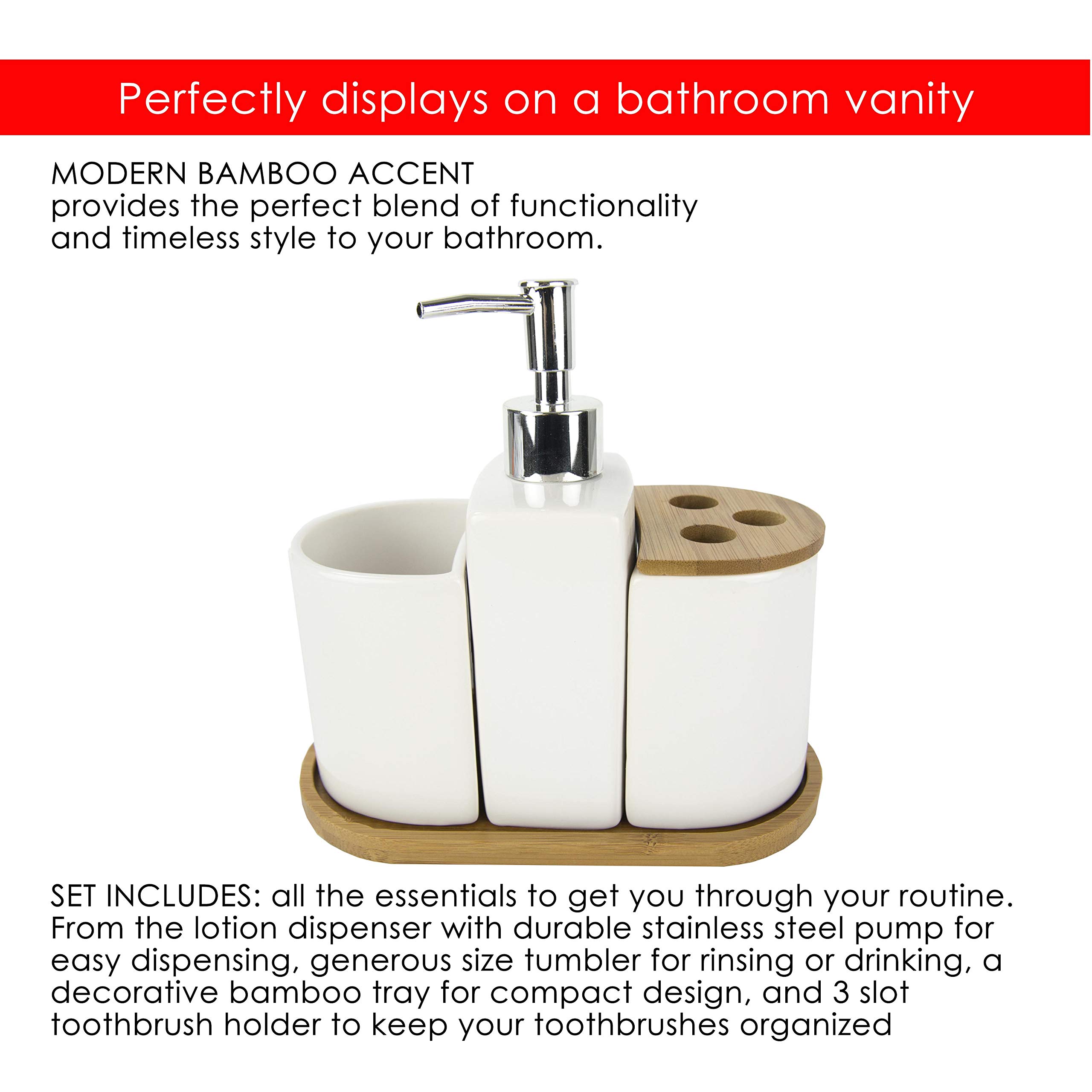 Home Basics 4-Piece Ceramic Bamboo Bathroom Set in White - Perfect for Modern Bathrooms, Spa-Like Showers & Guest Bathroom Decor