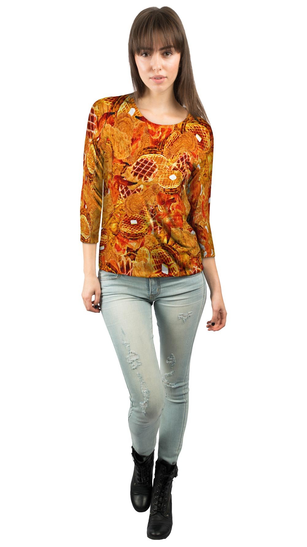 Yizzam Southern Chicken and Waffles Print Women's 3/4 Sleeve T-Shirt - Casual Comfort Top for Brunch, Southern Cuisine Lovers & Foodie Fashion