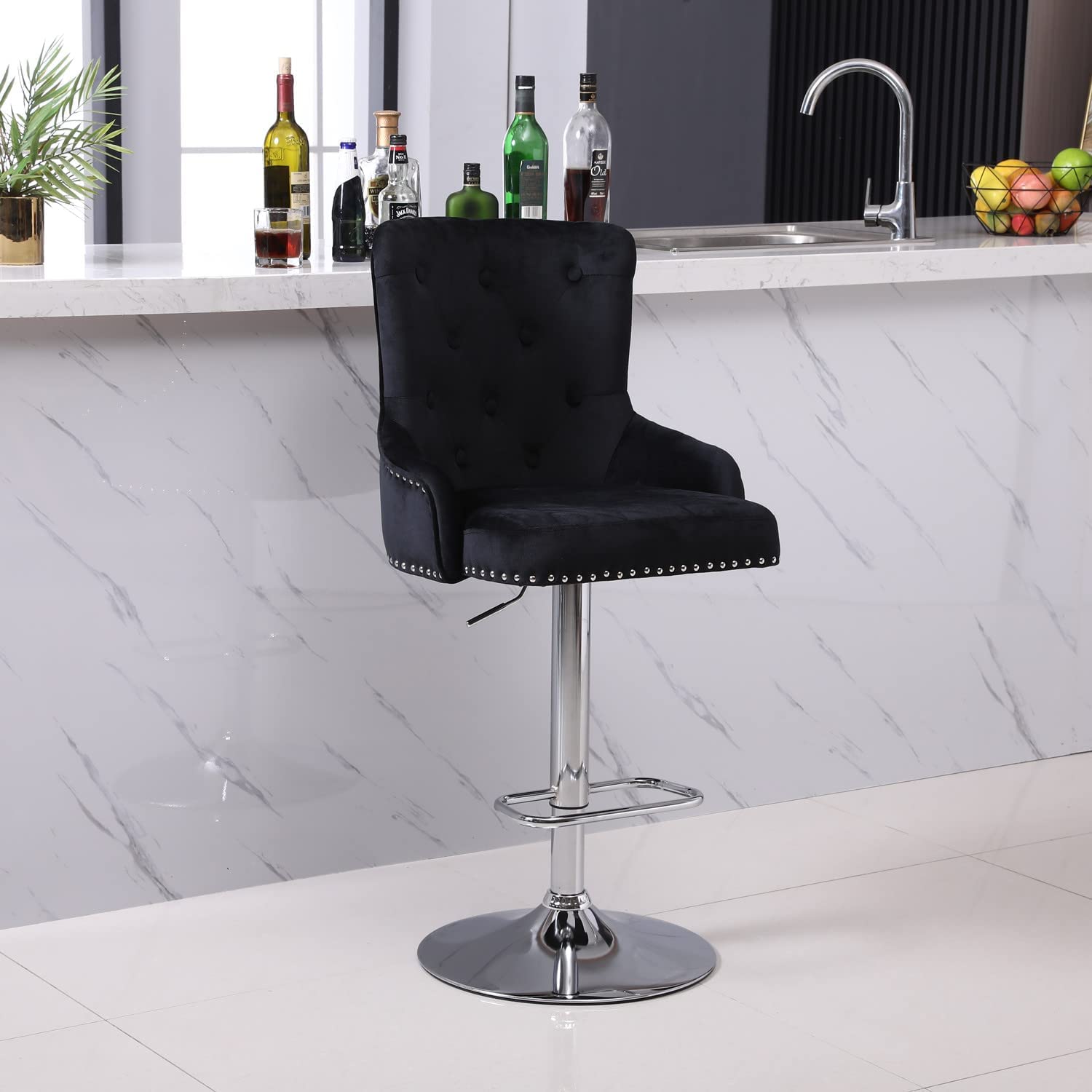 Velvet Swivel Bar Stool - Adjustable Height Kitchen Counter Chair with Footrest for Breakfast Bar, Pub, Dining Room | Perfect for Home Kitchen, Coffee Shops & Restaurant Decor