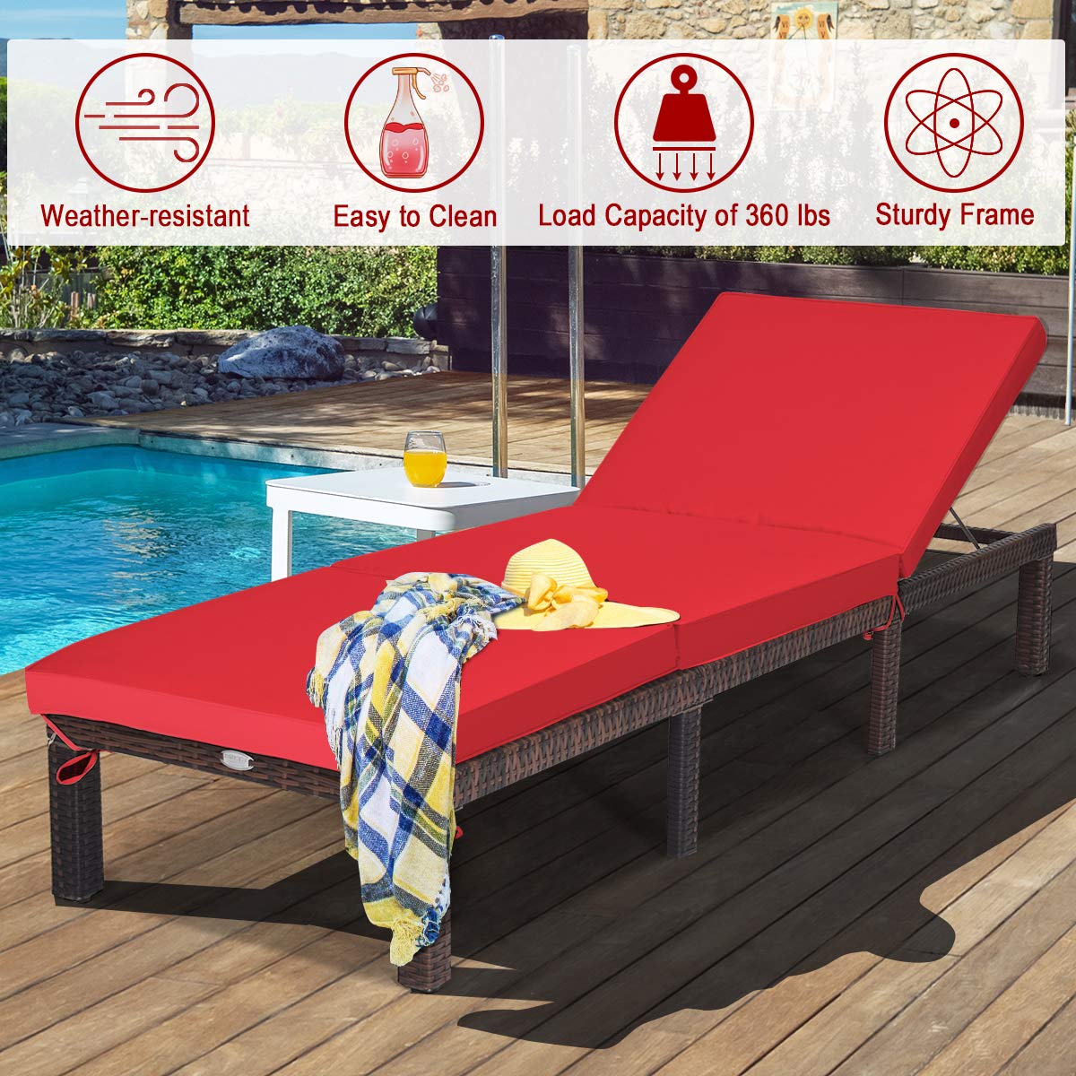Rattan Lounge Chair Outdoor - Adjustable Backrest Wicker Patio Recliner with Thick Cushion | Garden, Yard, Poolside Relaxation | Red Chaise Lounge (1)