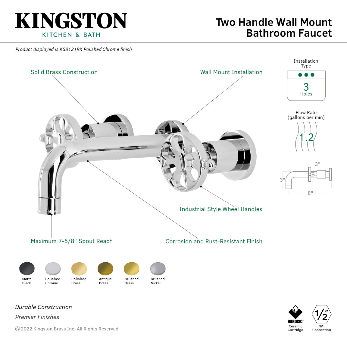 Belknap KS8123RX 3-Hole Wall Mount Bathroom Faucet with Double Handles in Antique Brass - Perfect for Vintage Style Bathroom Renovations and Spa-Like Showers