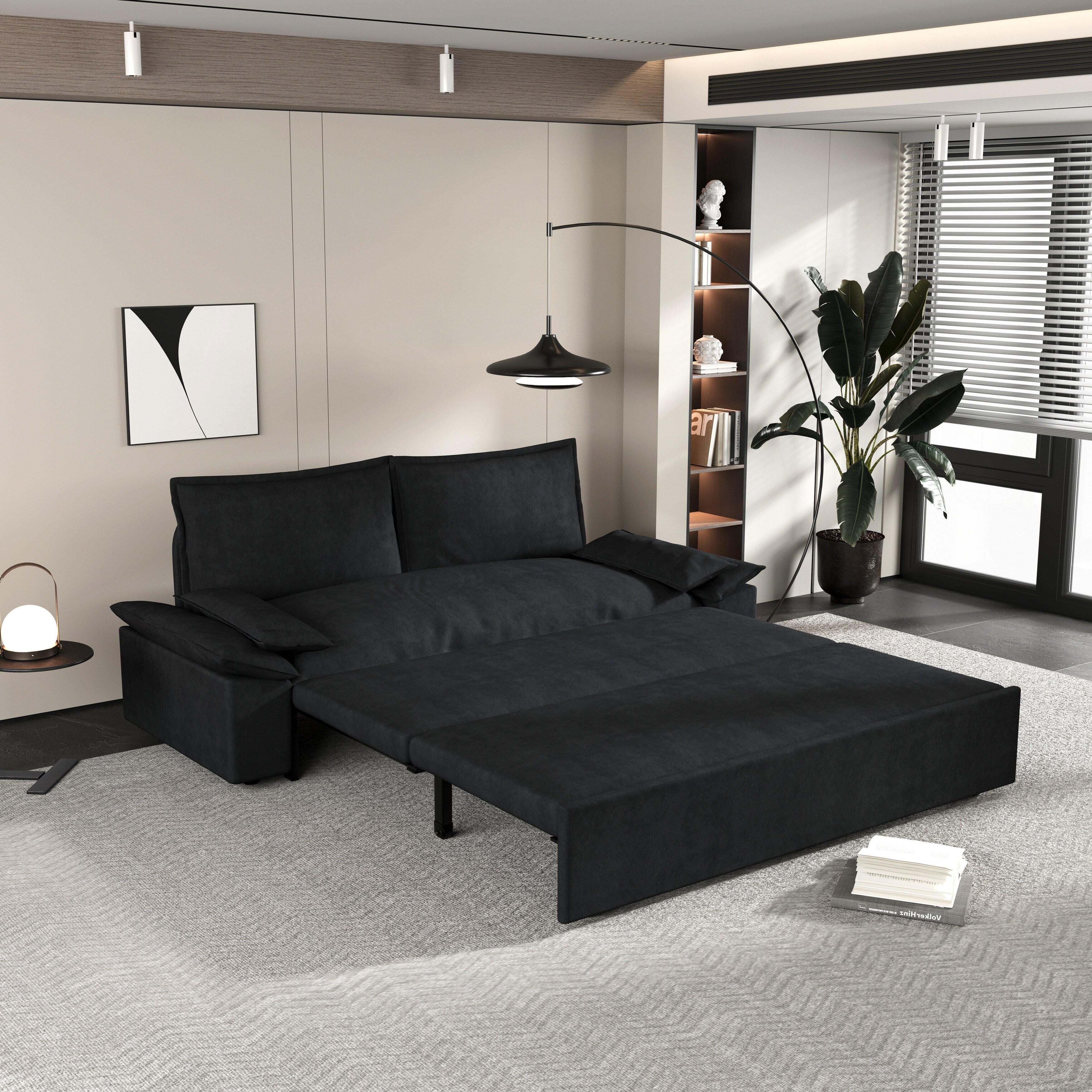 3 in 1 Convertible Sleeper Sofa Bed - Queen Size Pull Out Couch with Velvet Upholstery & Pillows - Space Saving Furniture for Small Apartments, Guest Rooms & Home Offices