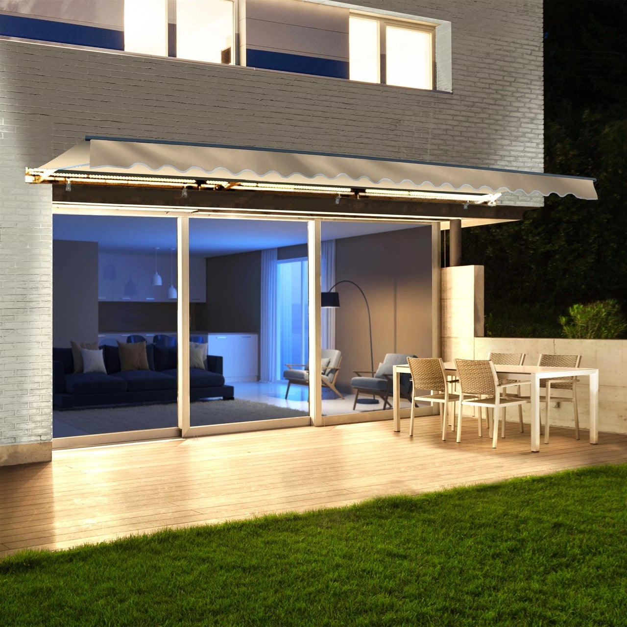 Aleko 10x8 Feet Half Cassette Motorized Retractable LED Patio Awning - Ivory Luxury Outdoor Shade for Deck, Garden & Backyard Relaxation