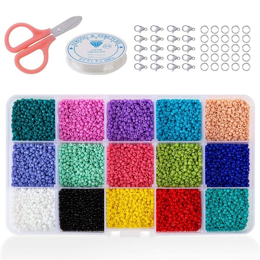 15000Pcs Mixed Color Glass Seed Beads Kit - Small Opaque Pony Beads for Jewelry Making, DIY Crafts, Bracelets & Necklaces - Lustrous Spacer Beads for Kids & Adults (One Size)