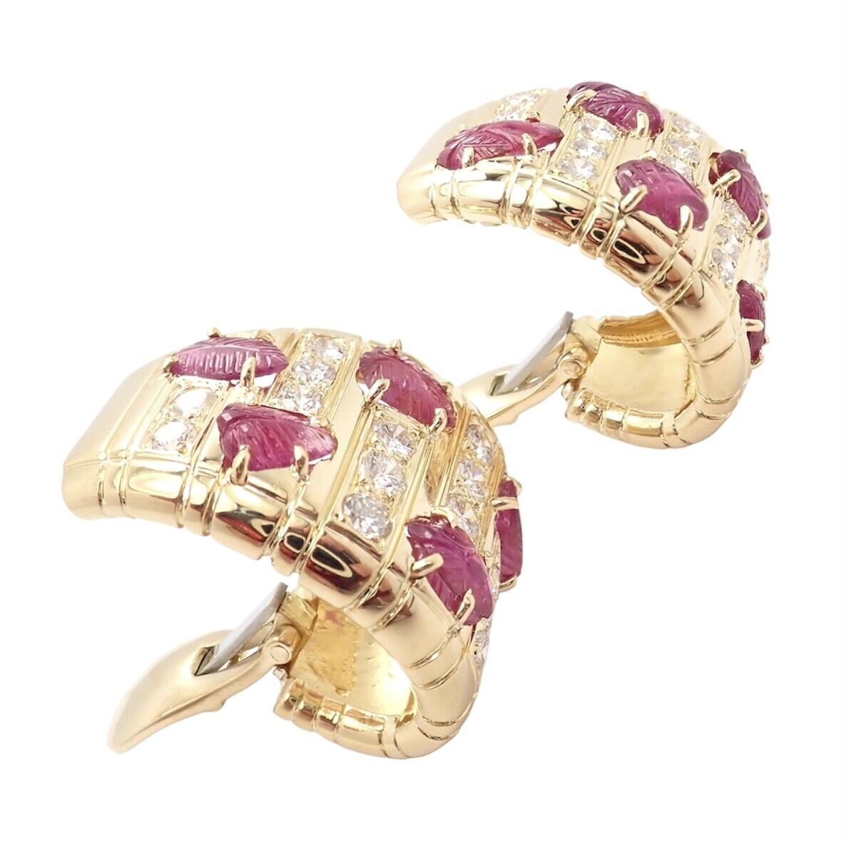 Vintage Andrew Clunn 18K Yellow Gold Diamond Carved Leaf Ruby Earrings - Elegant Antique Jewelry for Weddings, Parties & Special Occasions