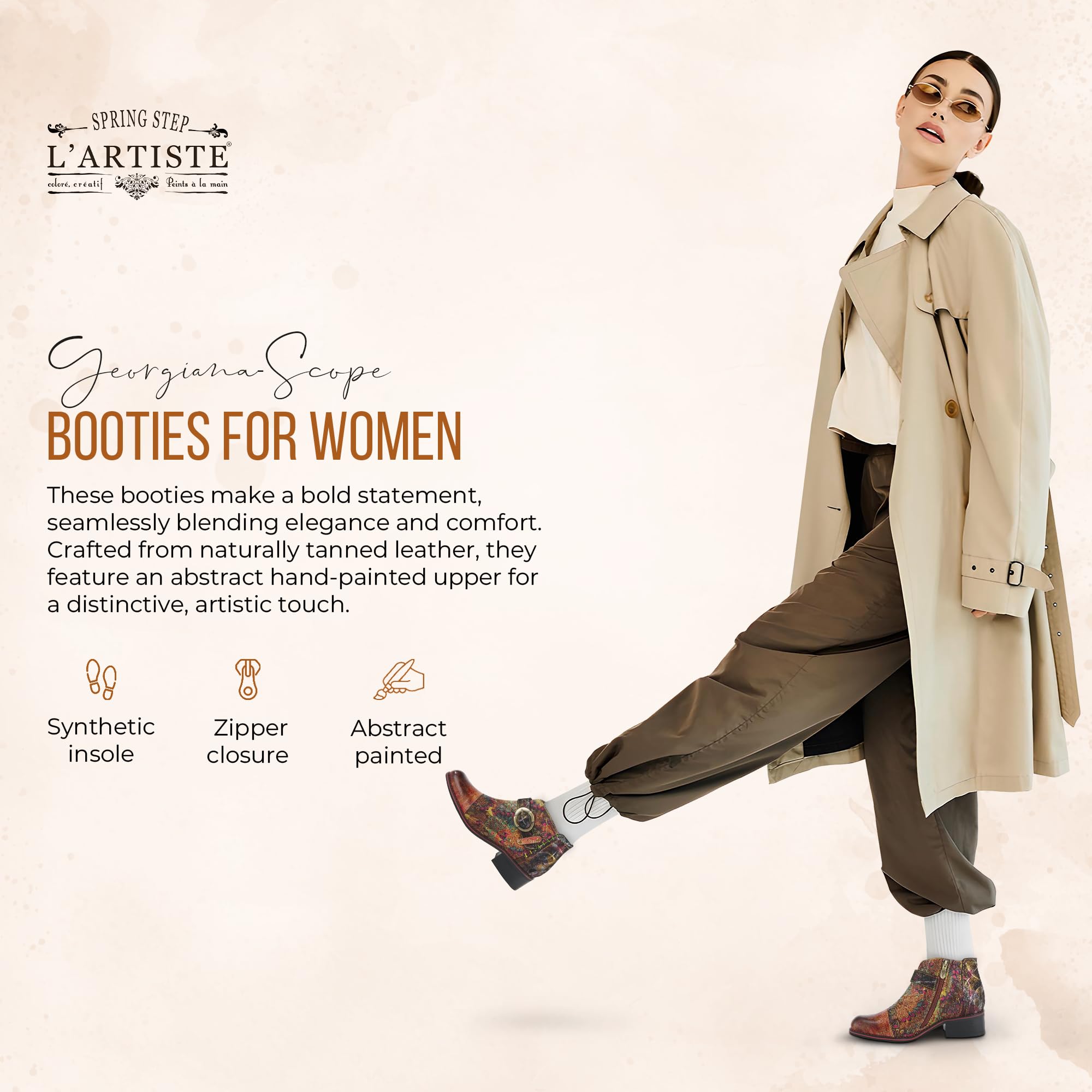 Spring Step L'Artiste Georgiana Women's Ankle Boots - Hand-Painted Leather Booties with Side Zipper Closure - Comfortable Casual & Outdoor Fashion Footwear for Fall/Winter Seasons (Perfect for Work, Dating & Travel)