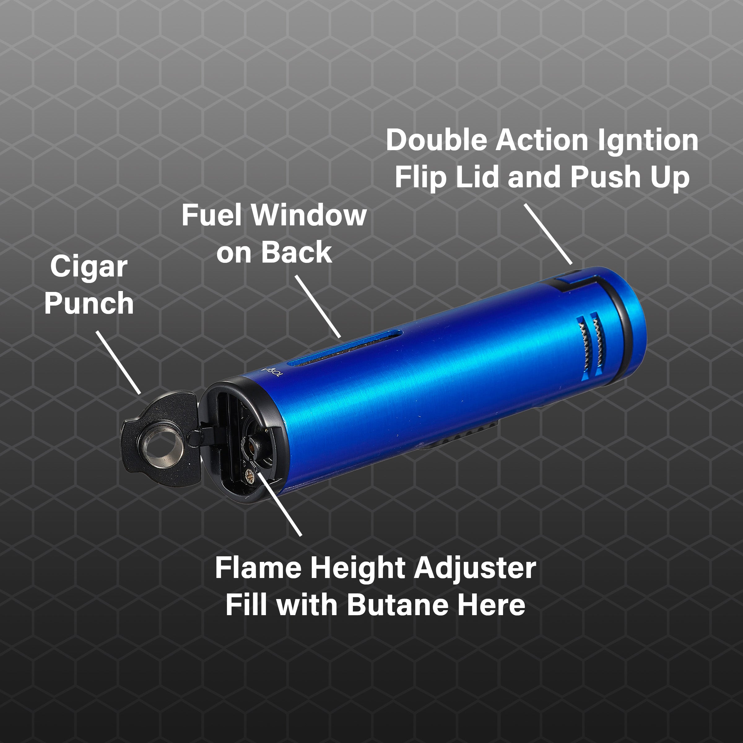 Visol Cobra Triple Flame Cigar Lighter - Windproof Butane Torch Lighter with Punch Cutter (Blue) - Perfect for Cigars, Cigarettes & Outdoor Use
