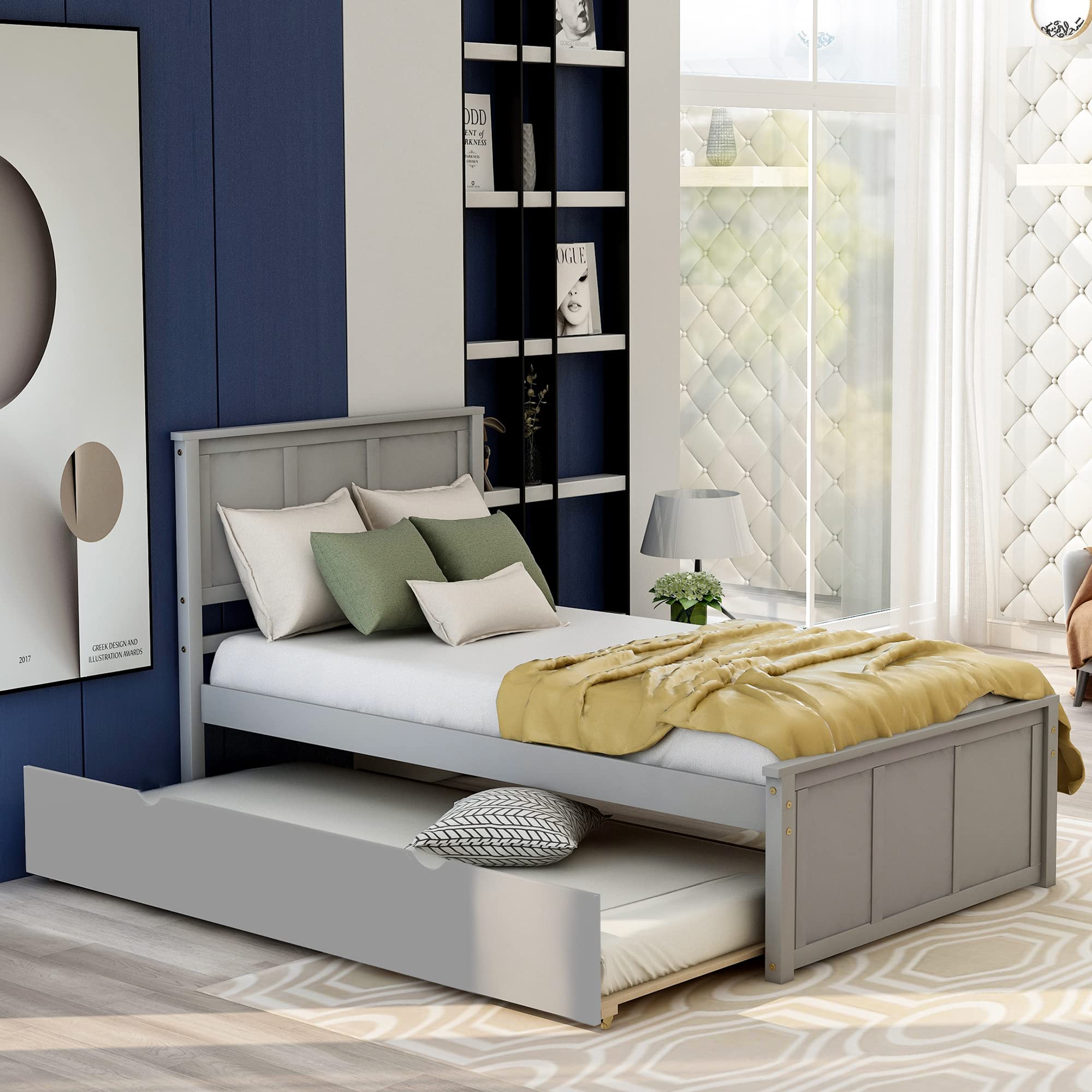 Minimalist Wood Platform Bed with Trundle - Twin Size Bed Frame with Headboard | Easy Assembly, Retro Design in Gray | Perfect for Small Spaces, Guest Rooms & Modern Apartments