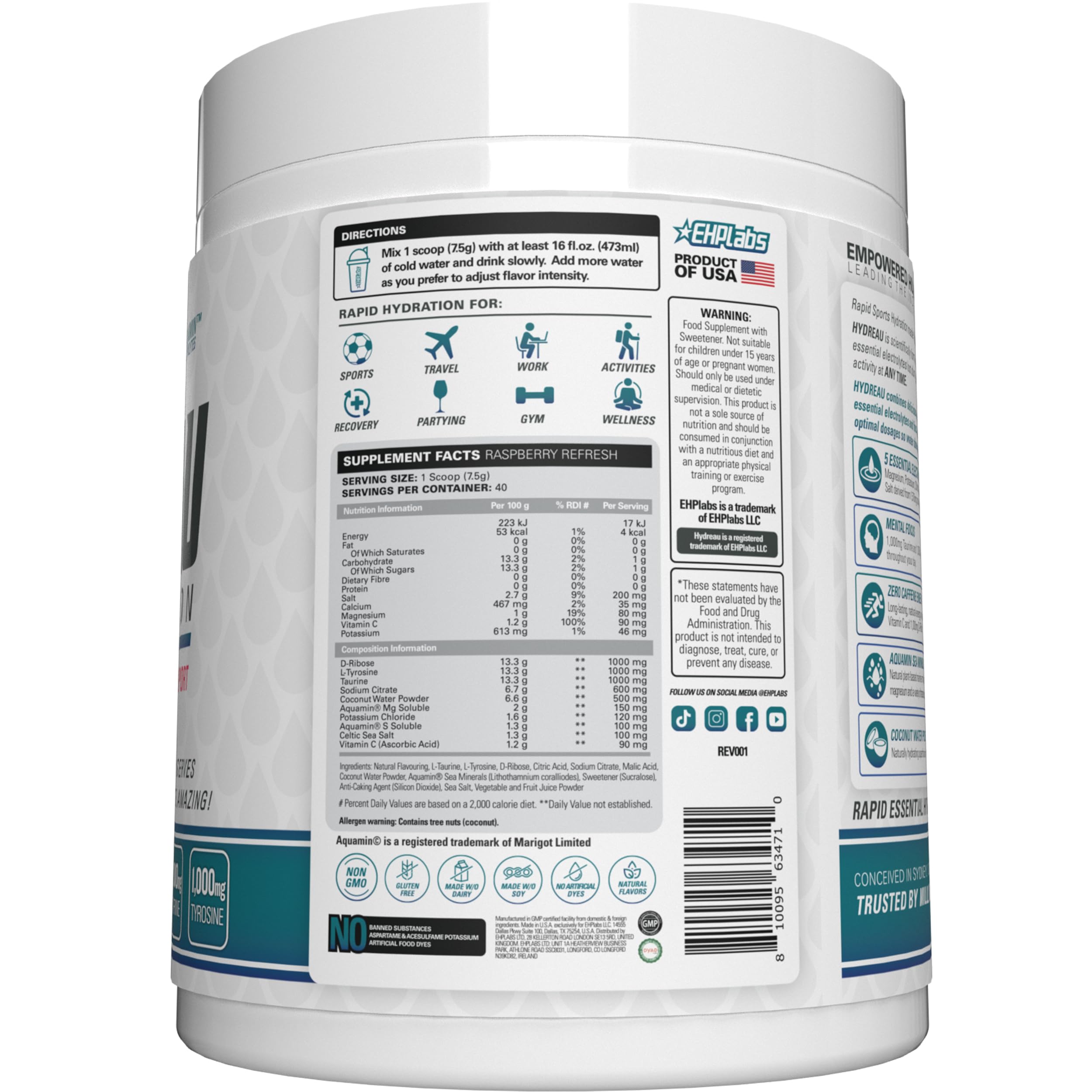 EHP Labs Hydreau Hydration Support Powder - 40 Servings | Electrolyte & Vitamin Supplement for Hydration & Recovery | Perfect for Workouts, Travel & Daily Hydration Needs