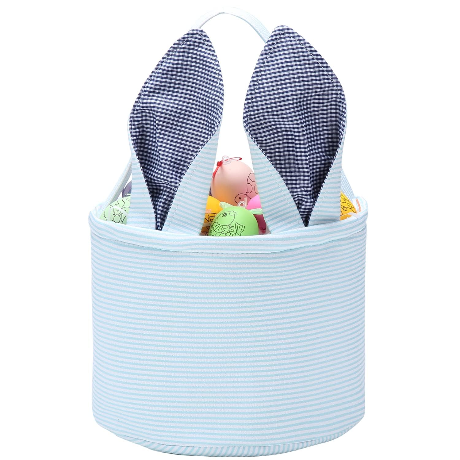 Easter Basket Set - Bunny Themed Egg Hunting Basket with Seersucker Lining for Candy & Gifts - Personalized Easter Egg Collection Bags for Kids & Family - Perfect for Easter Egg Hunts, Party Favors & Spring Celebrations
